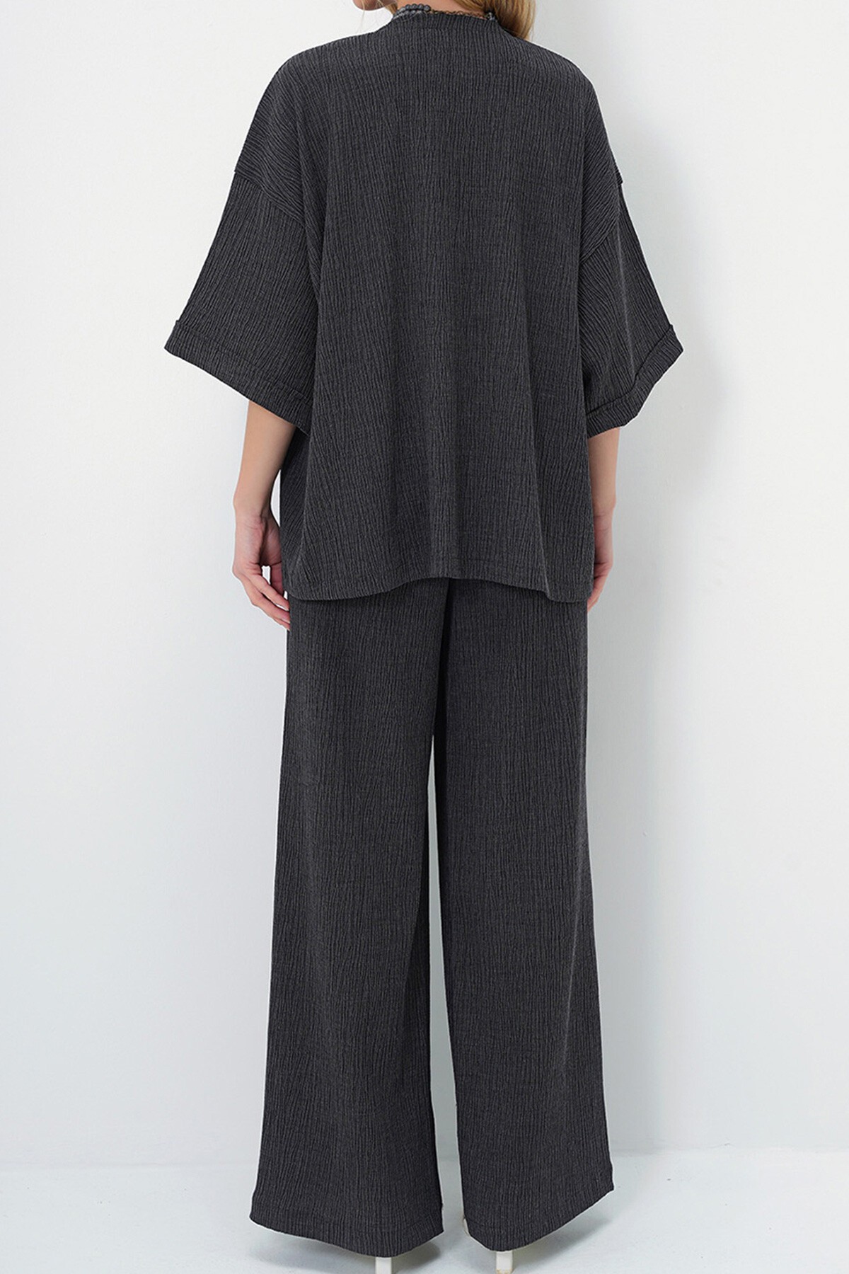 Antrasit Duble Kol Bürümcük Kumaş Yazlık Kimono Ve Pantolon Takım