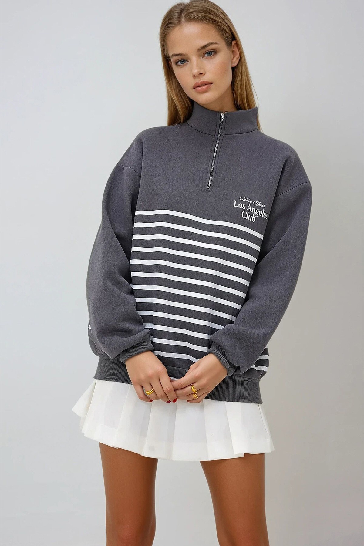 Antrasit İçi Şardonlu Baskılı Fermuarlı Sweatshirt