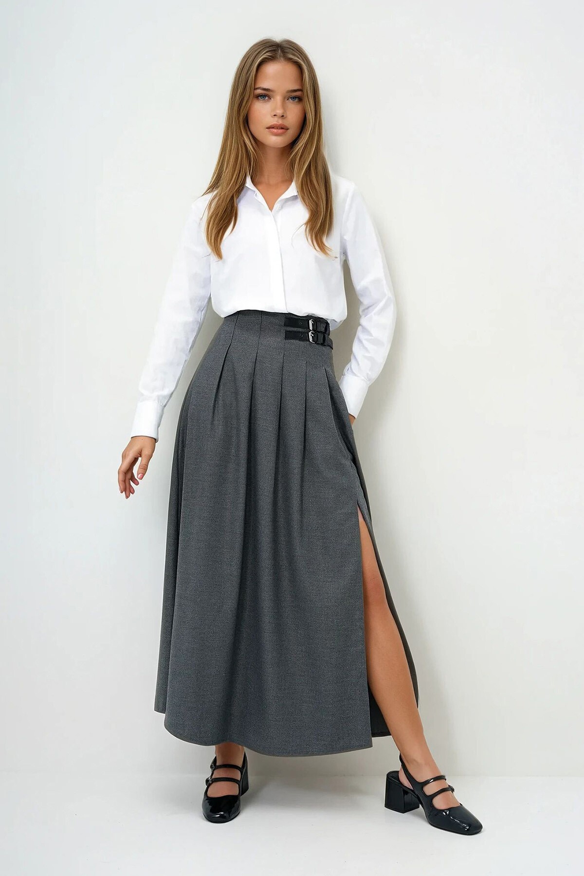 Antrasit Kemer Detaylı Maxi Etek