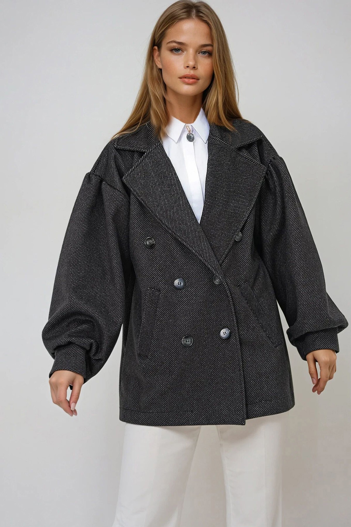 Antrasit Kruvaze Yaka Balon Kol Kaşe Kaban