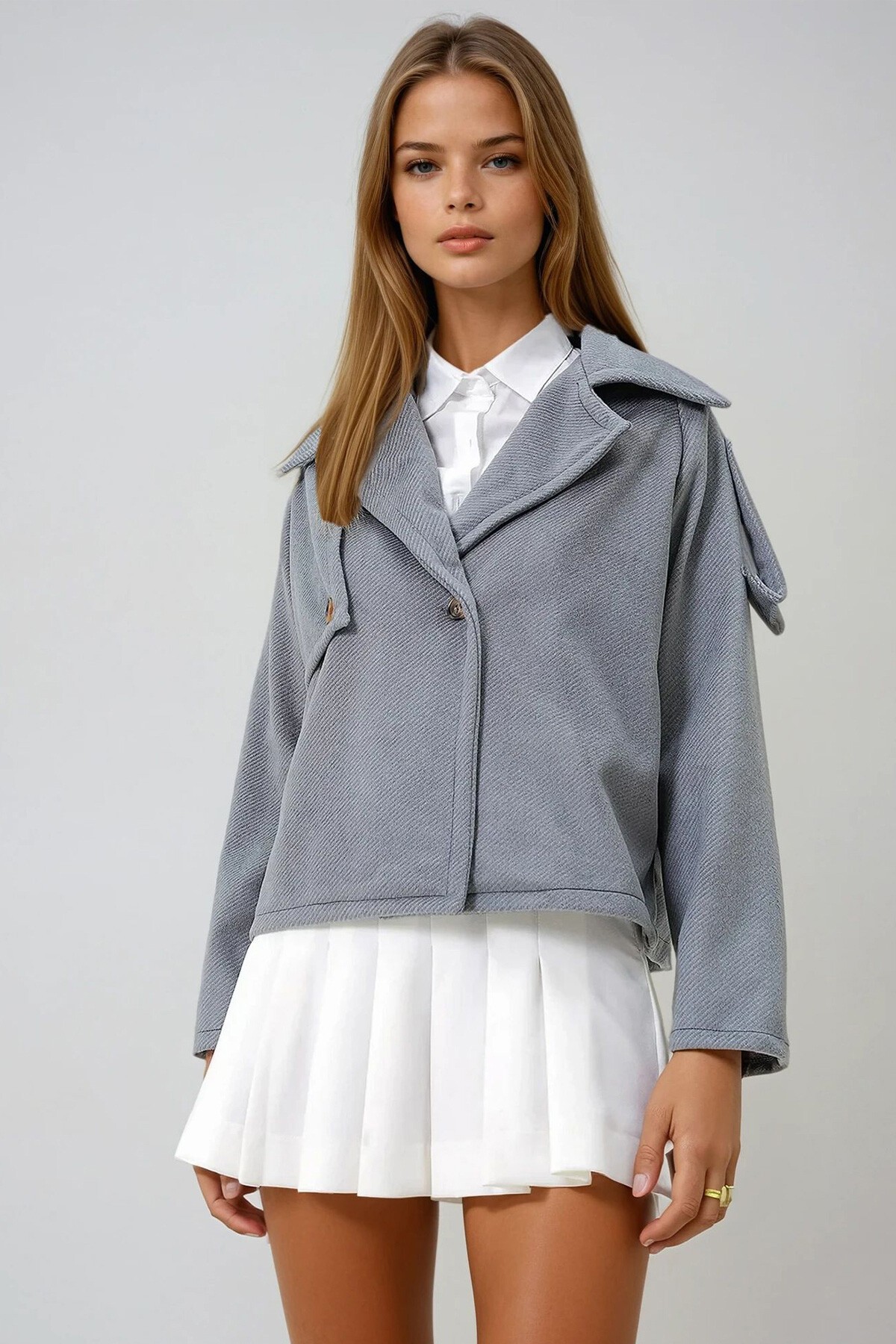 Antrasit Kruvaze Yaka Düğme Detaylı Kolu Apoletli Kaşe Ceket