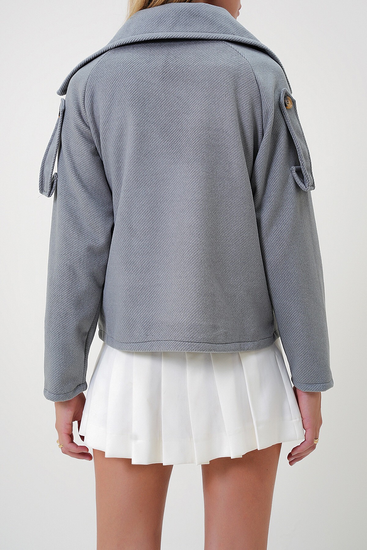 Antrasit Kruvaze Yaka Düğme Detaylı Kolu Apoletli Kaşe Ceket