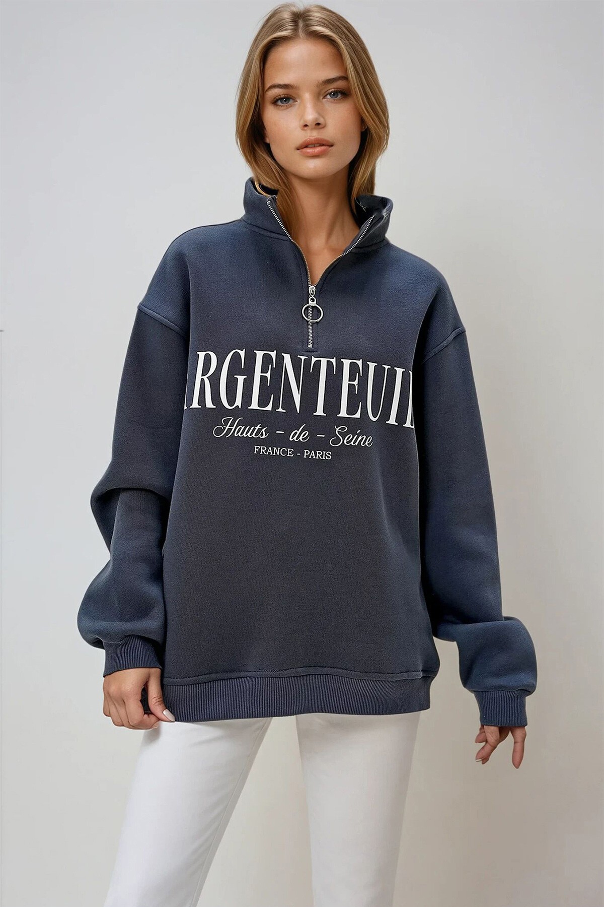 Antrasit Yarım Balıkçı Yaka Önü Yazı Baskılı İçi Şardonlu Fermuarlı Sweatshırt