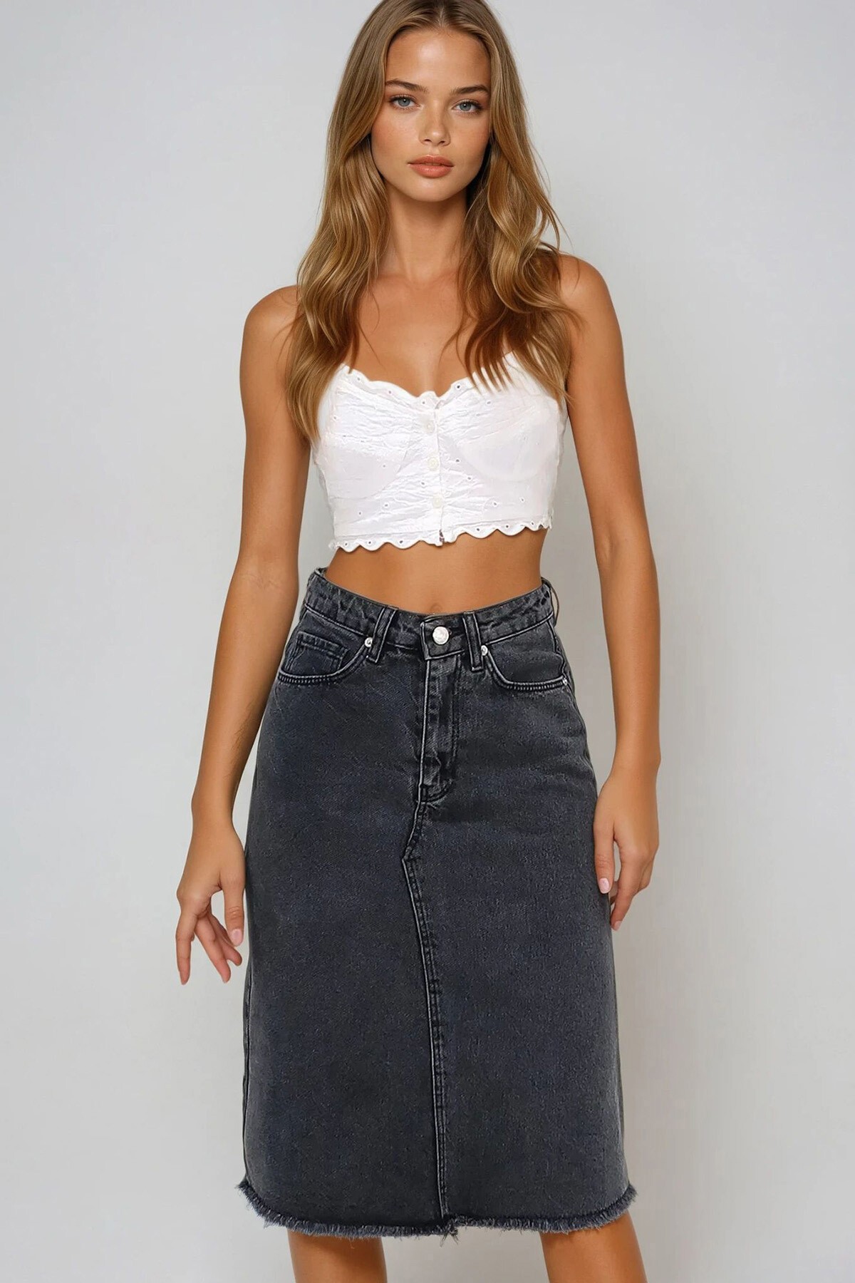 Antrasit Yüksek Bel 5 Cepli Midi Boy Jean Etek