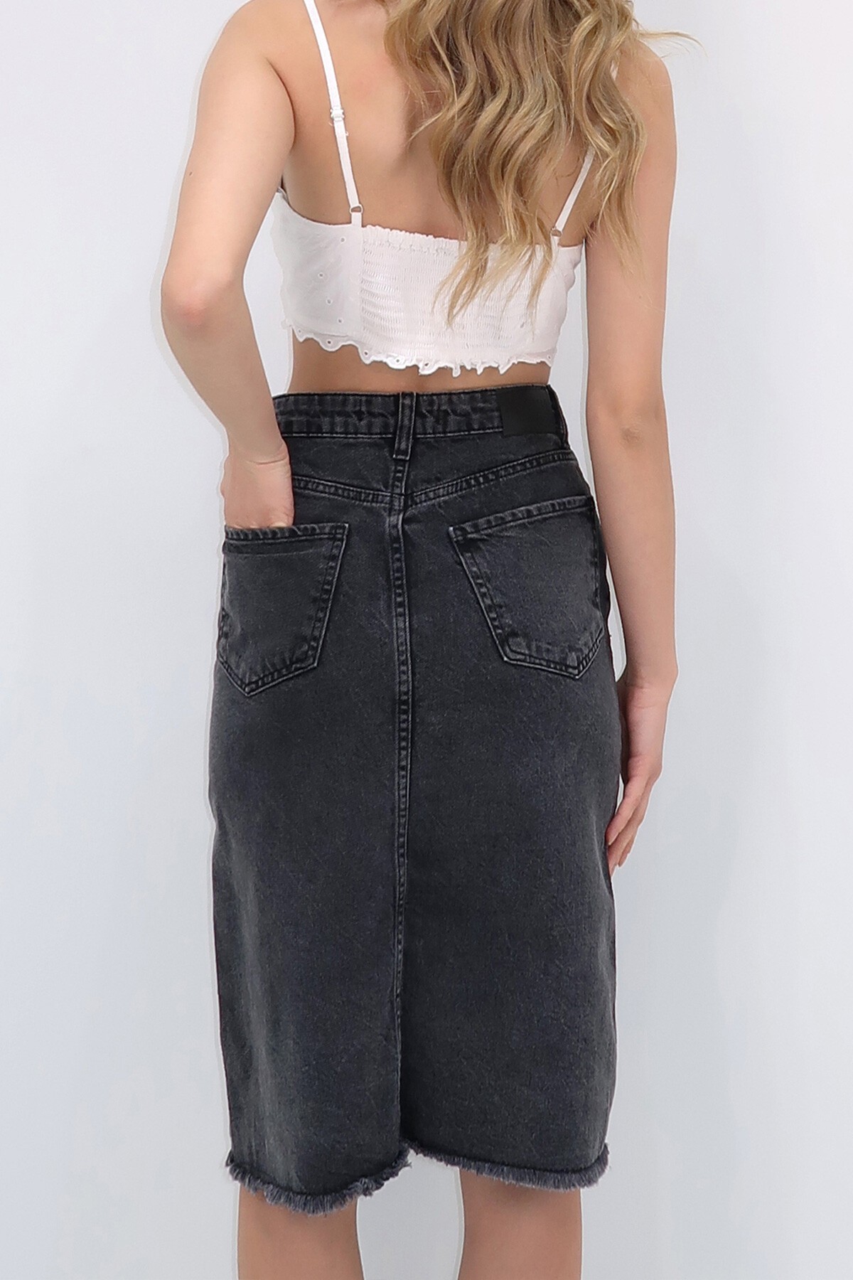 Antrasit Yüksek Bel 5 Cepli Midi Boy Jean Etek