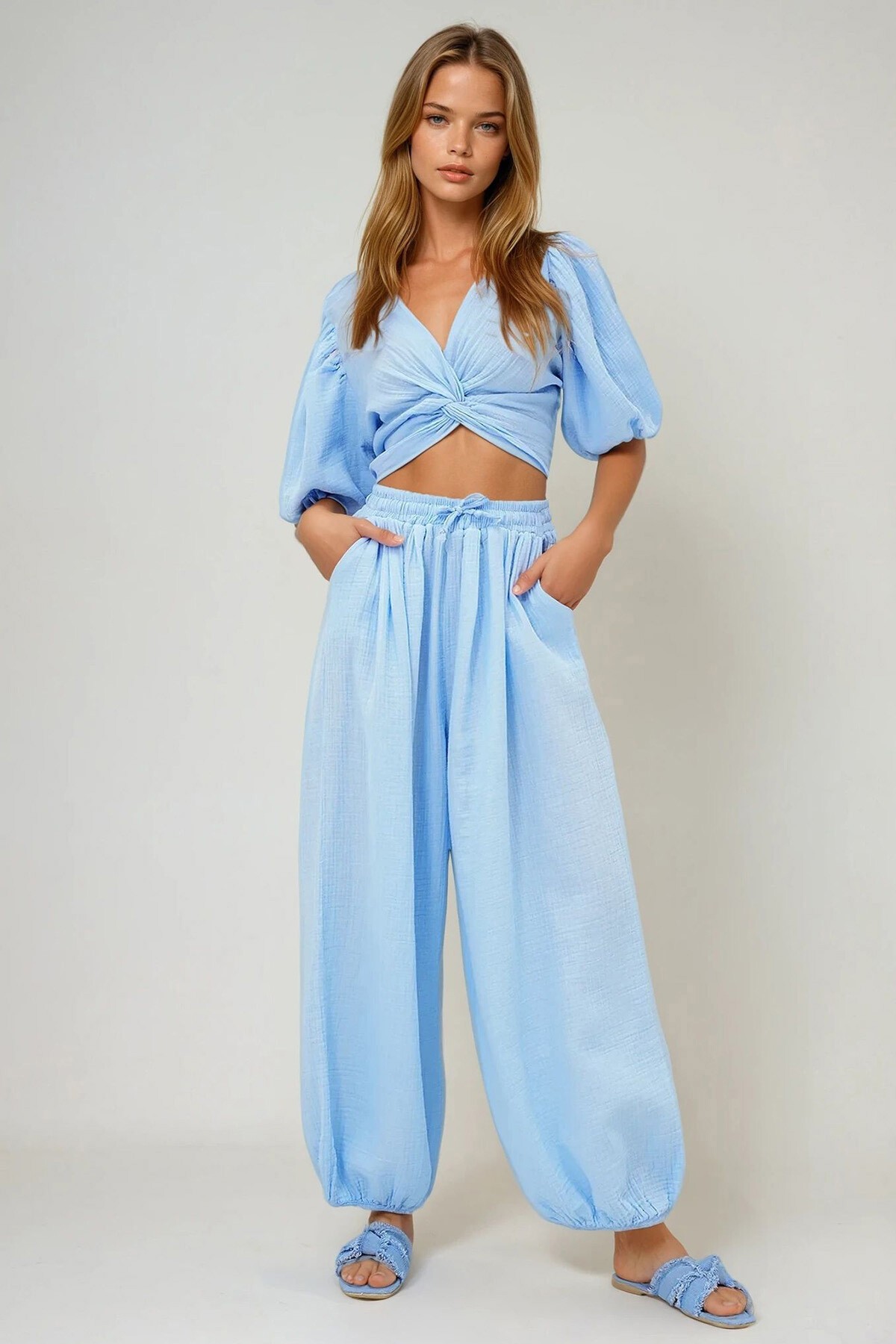 Bebe Mavi Çift Cepli Beli Ve Paçası Lastikli Müslin Kumaş Şalvar Pantolon