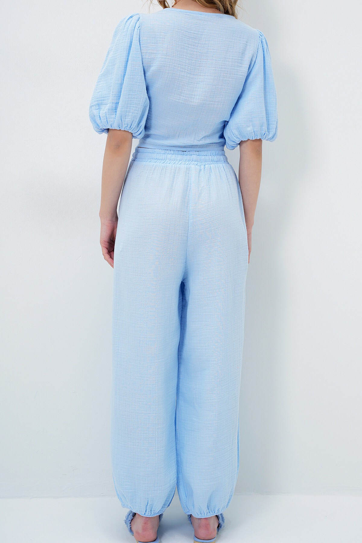 Bebe Mavi Çift Cepli Beli Ve Paçası Lastikli Müslin Kumaş Şalvar Pantolon