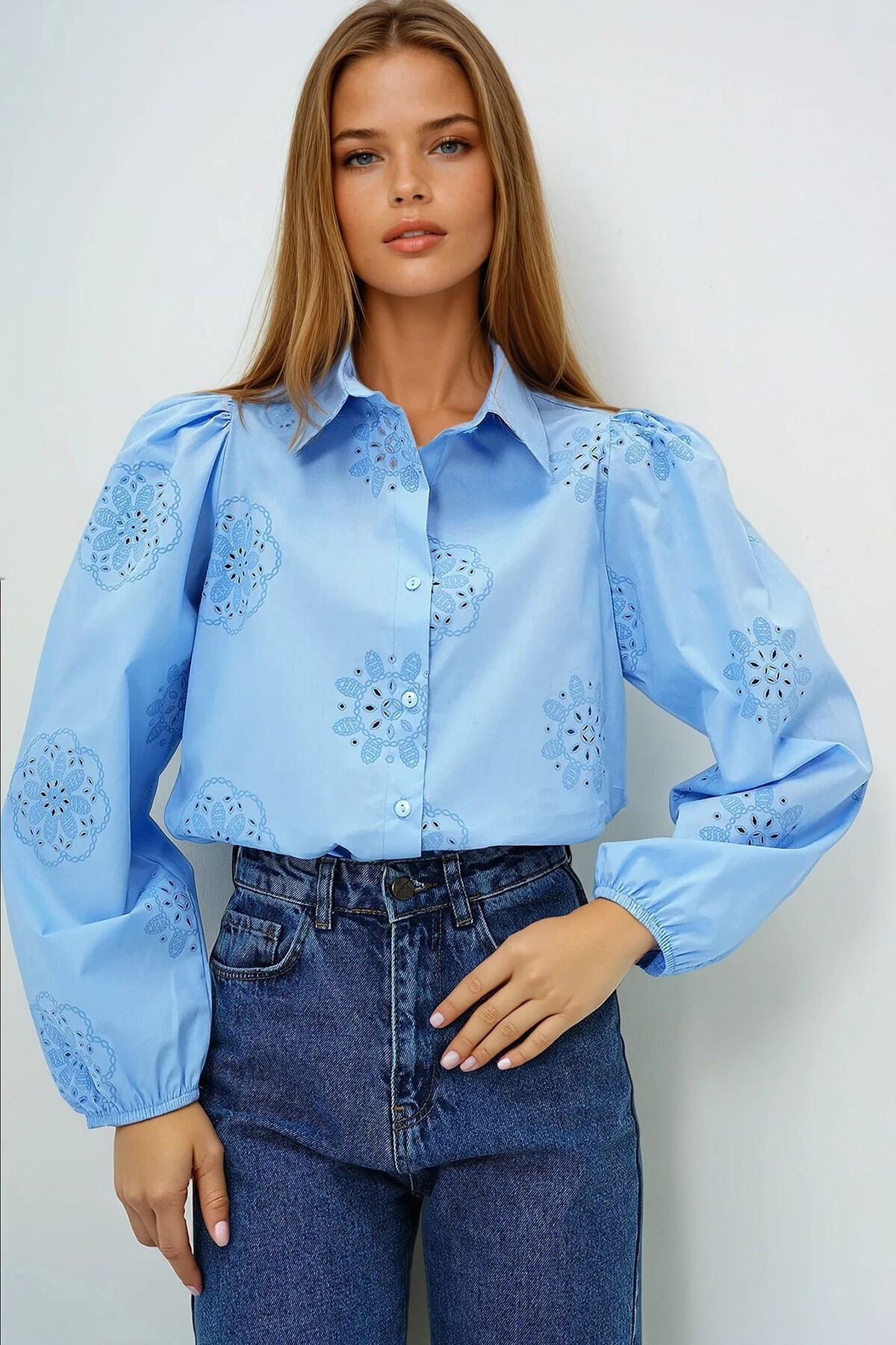 Bebe Mavi Güpür Dokuma Premıum Gömlek