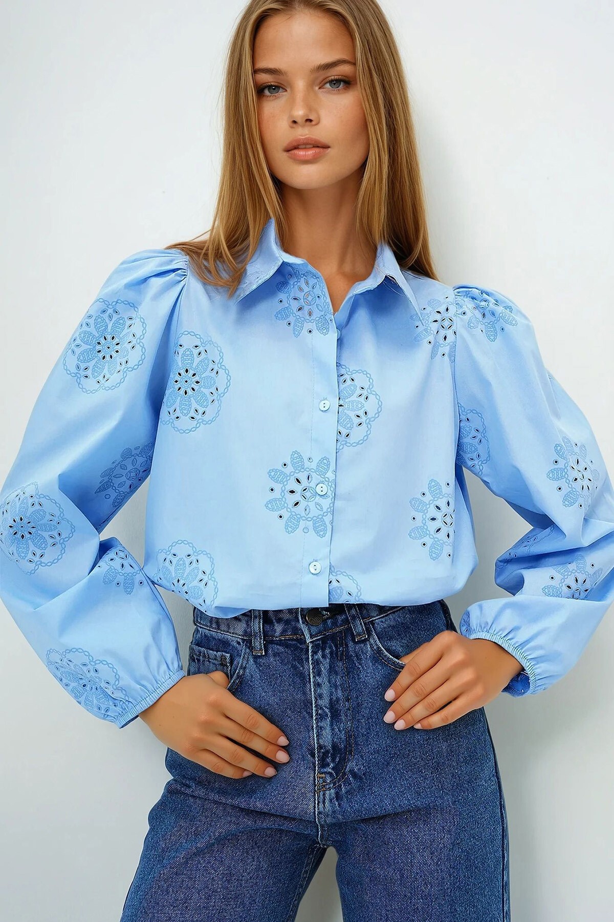 Bebe Mavi Güpür Dokuma Premıum Gömlek