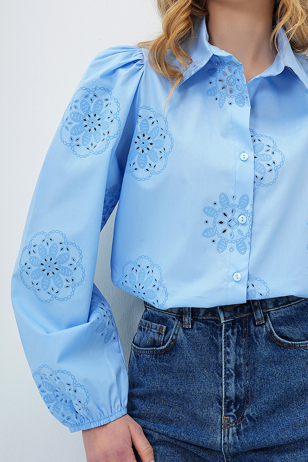 Bebe Mavi Güpür Dokuma Premıum Gömlek