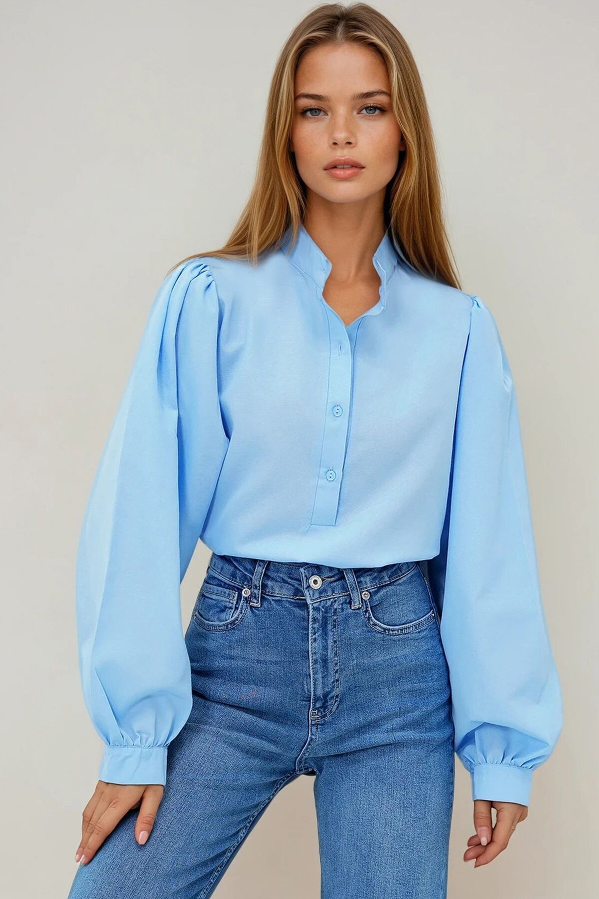 Bebe Mavi Hakim Yaka Önü Düğmeli Balon Kol Poplin Dokuma Gömlek