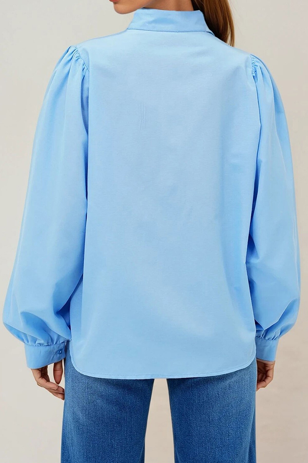 Bebe Mavi Hakim Yaka Önü Düğmeli Balon Kol Poplin Dokuma Gömlek