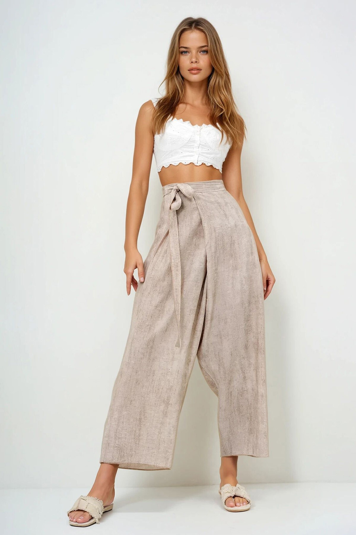 Bej Bağlama Detaylı Şalvar Kesim Aerobin Pantolon