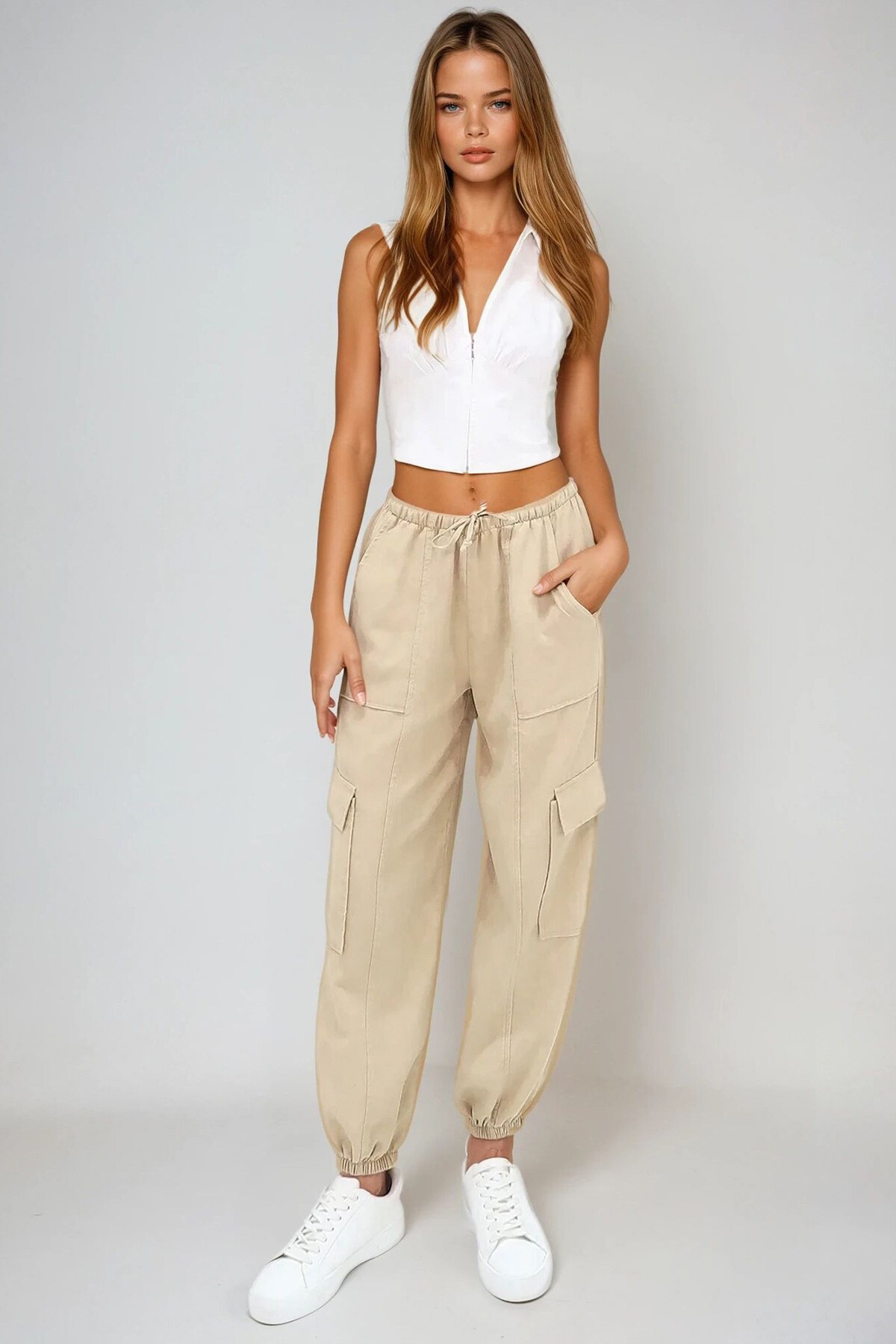 Bej Beli Lastikli Kargo Jogger Pantolon