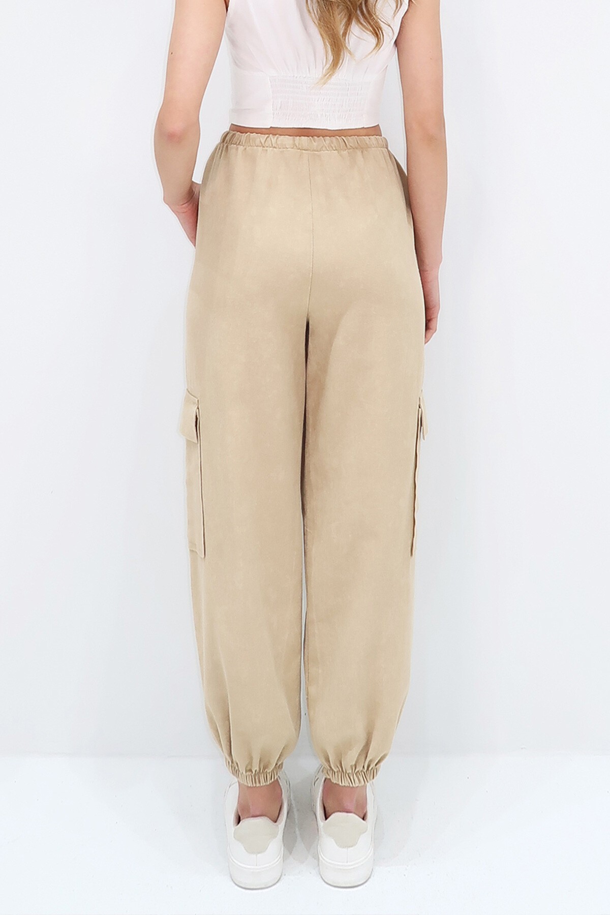 Bej Beli Lastikli Kargo Jogger Pantolon