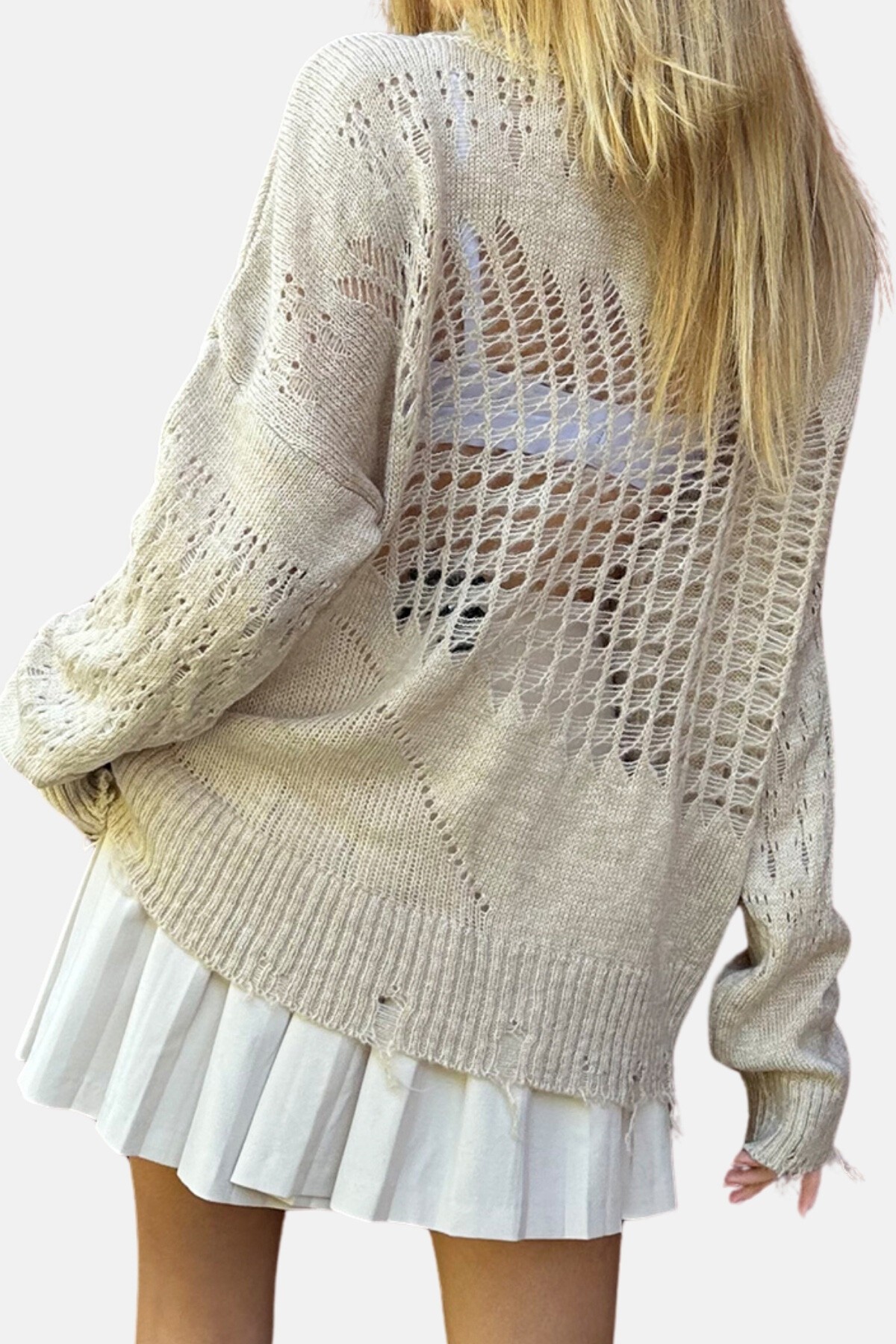 Bej Bisiklet Yaka Ajurlu Triko Kazak