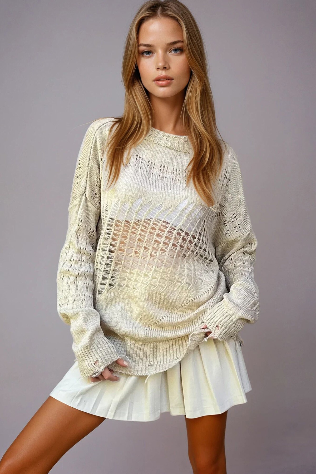 Bej Bisiklet Yaka Ajurlu Triko Kazak