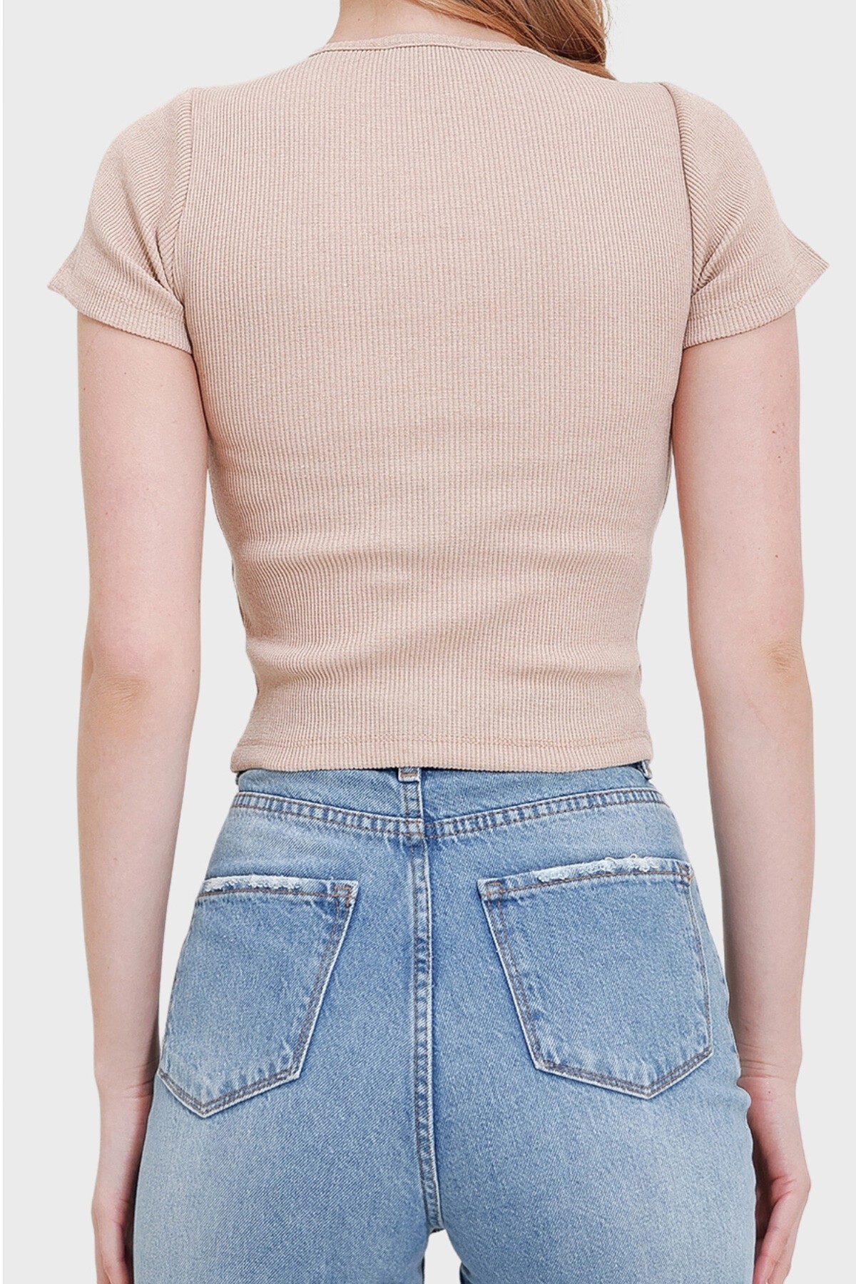 Bej Bisiklet Yaka Damla Dekolteli Yarım Kol Örme Bluz