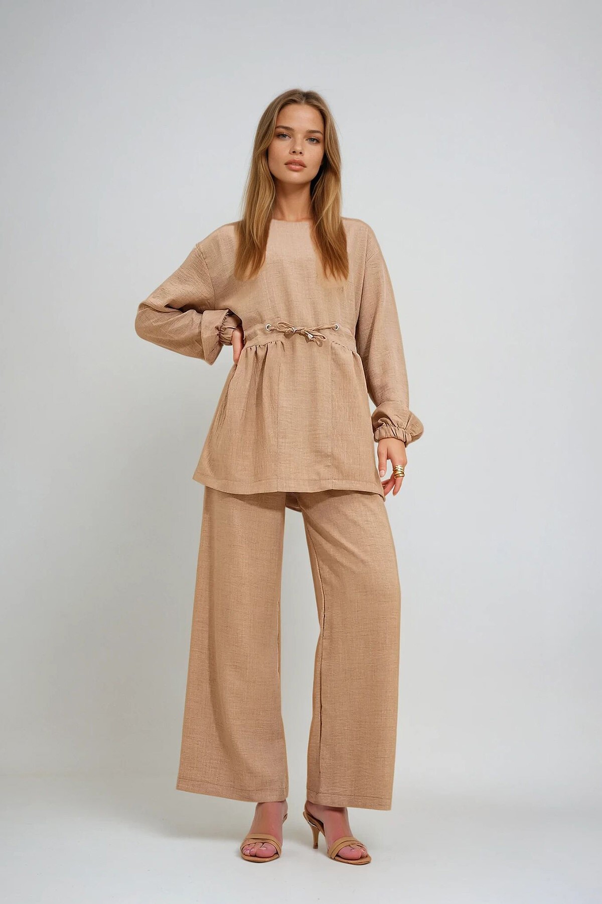 Bej Bisiklet Yaka Kendinden Kemerli Palazzo Pantolon Tunik Takım