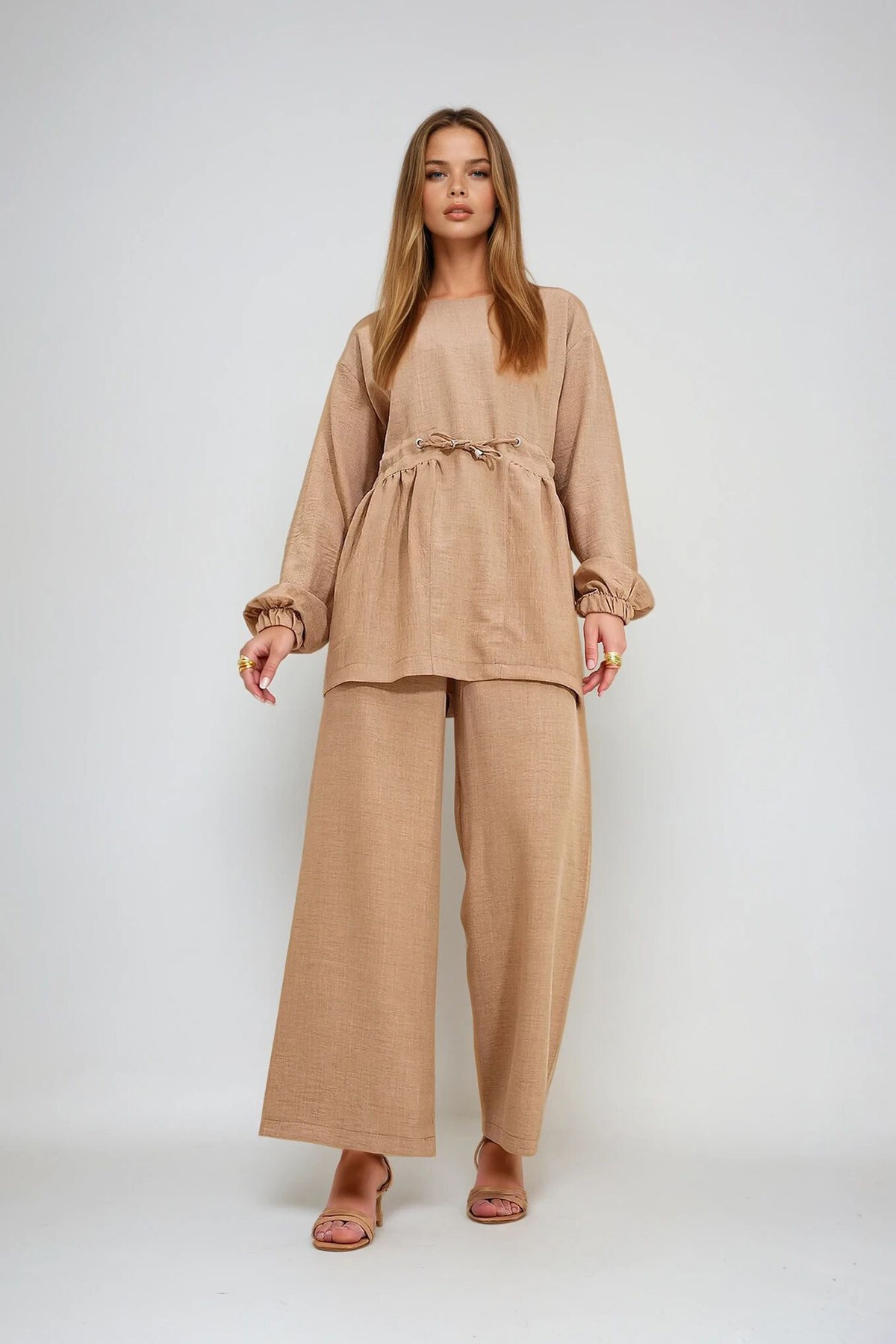 Bej Bisiklet Yaka Kendinden Kemerli Palazzo Pantolon Tunik Takım