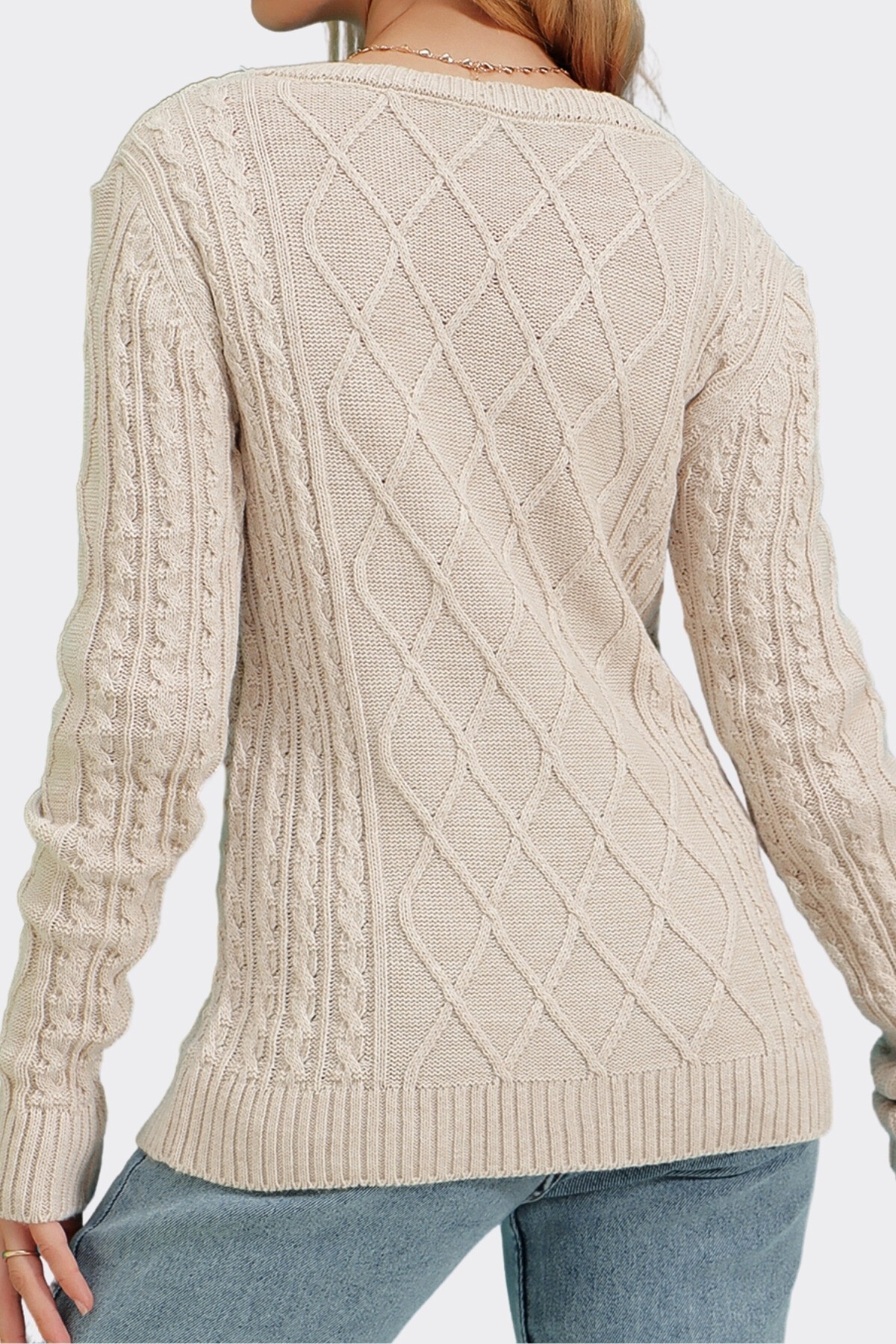 Bej Bisiklet Yaka Nakışlı Triko Kazak