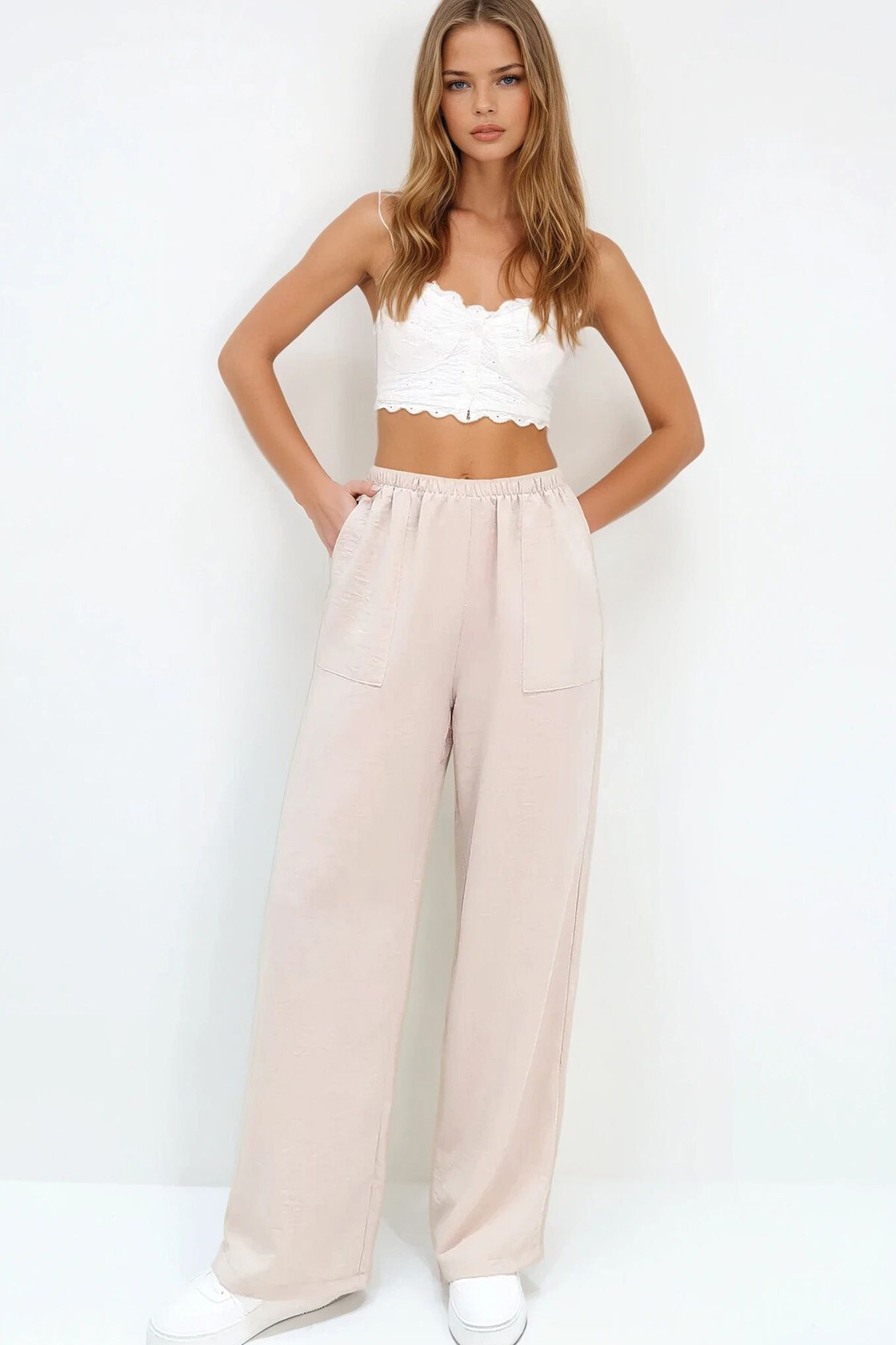 Bej Çift Cepli Beli Lastikli Keten Geniş Paça Pantolon