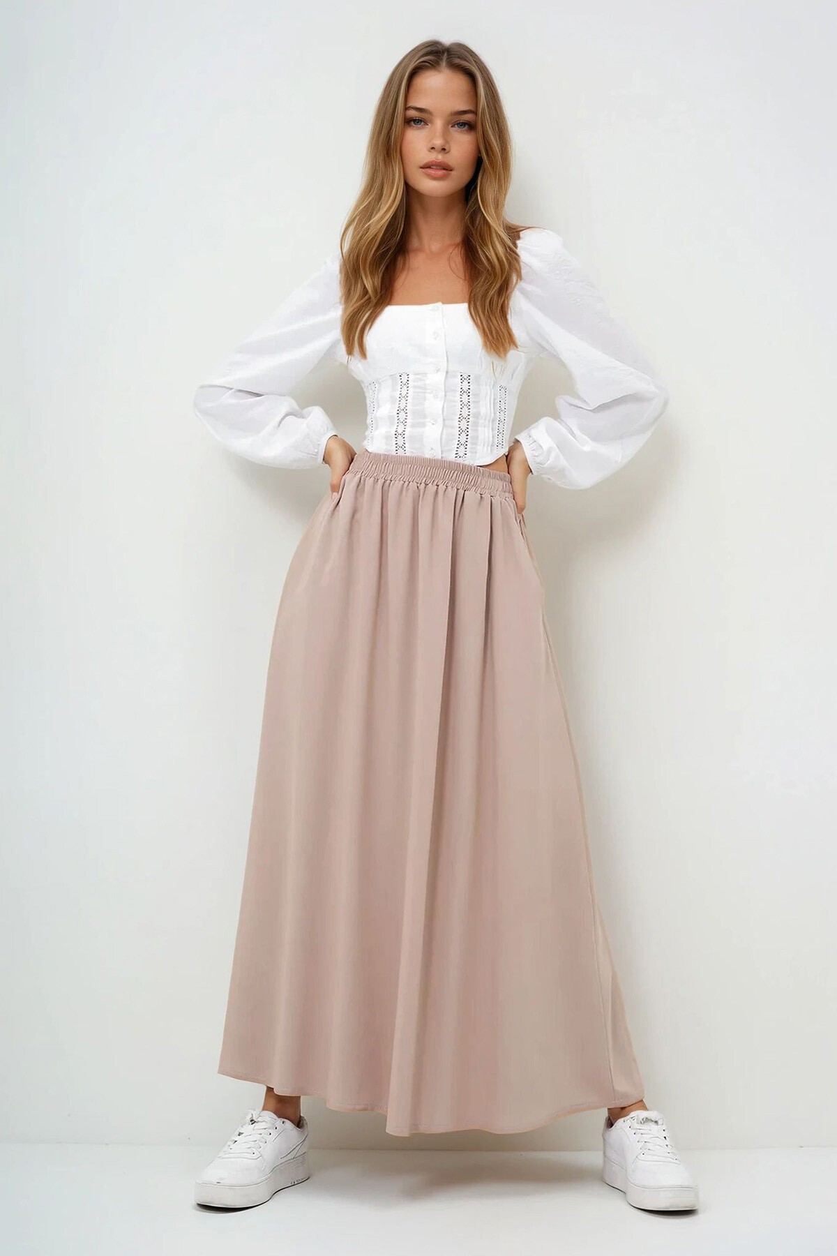 Bej Çift Cepli Kloş Dokuma Etek