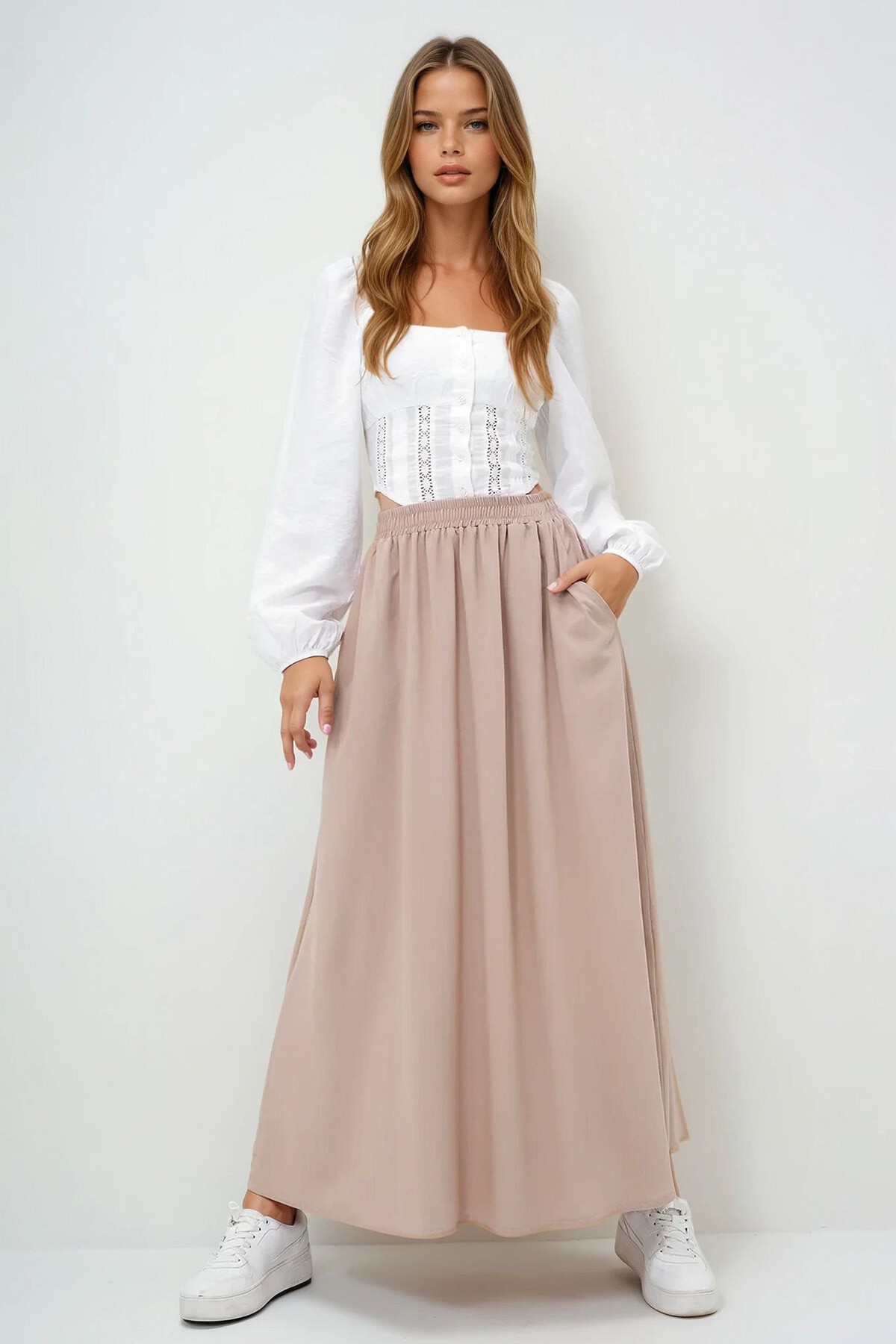 Bej Çift Cepli Kloş Dokuma Etek