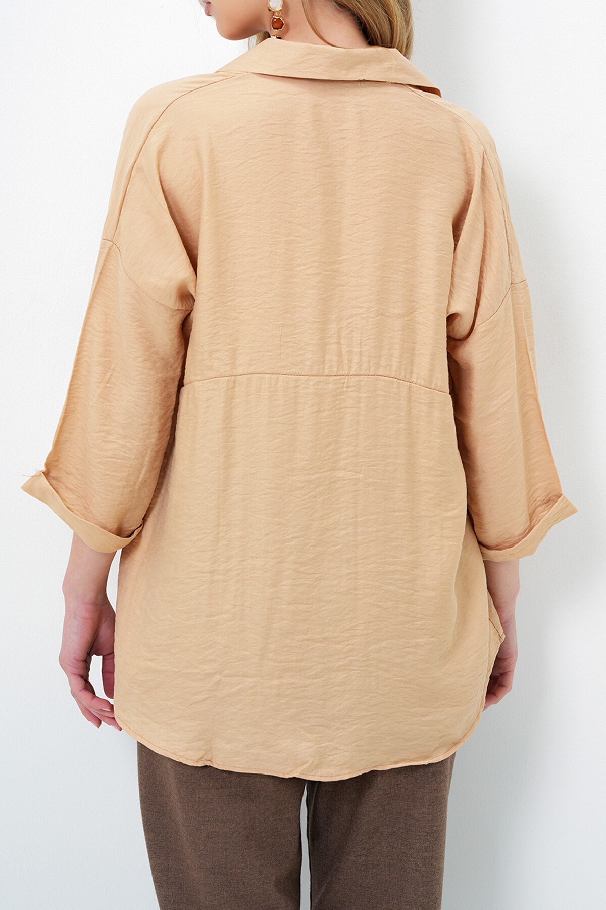 Bej Çift Cepli Oversize Dokuma Gömlek