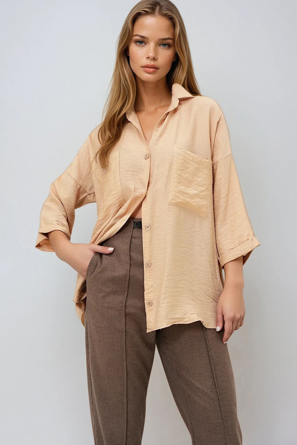 Bej Çift Cepli Oversize Dokuma Gömlek