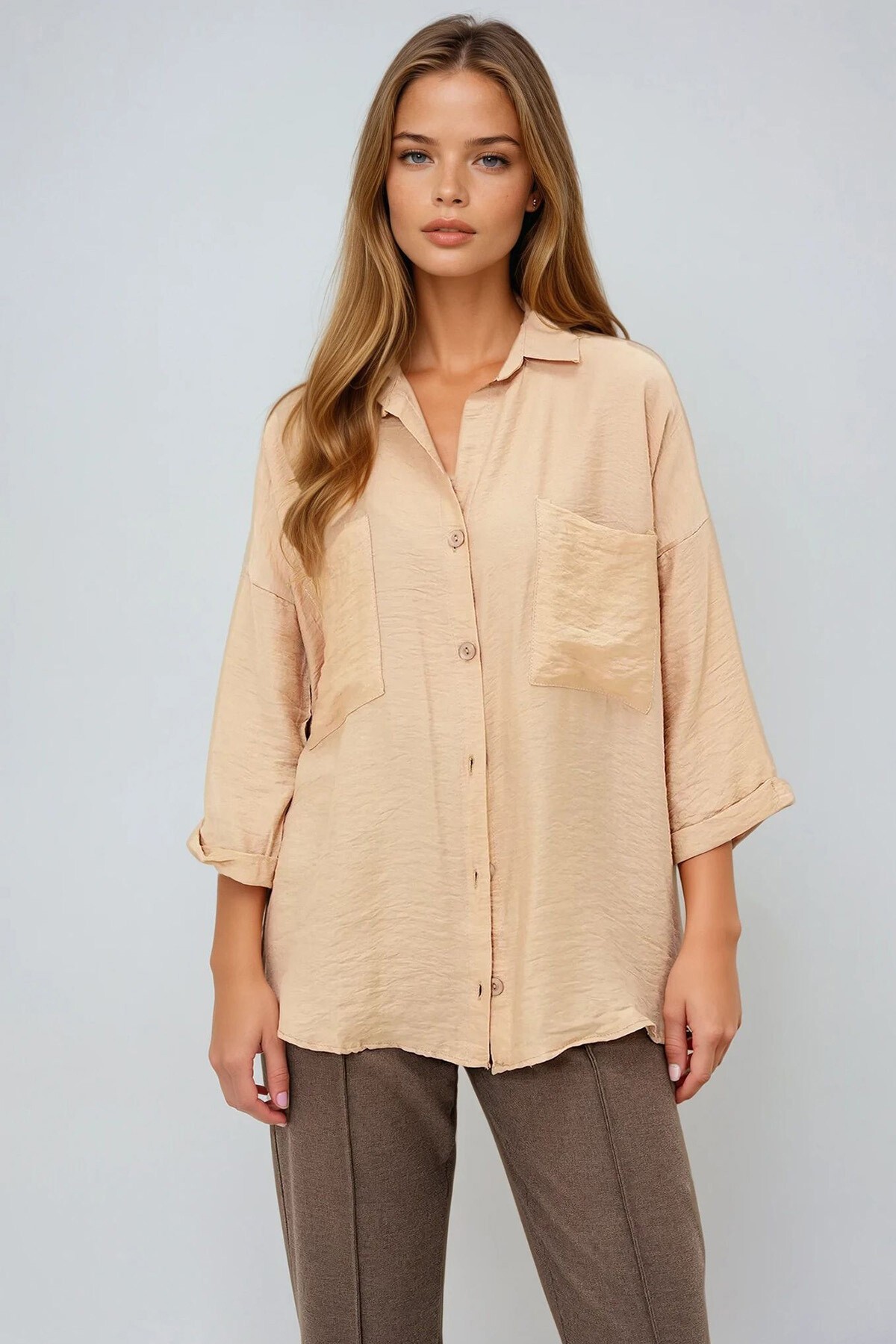Bej Çift Cepli Oversize Dokuma Gömlek