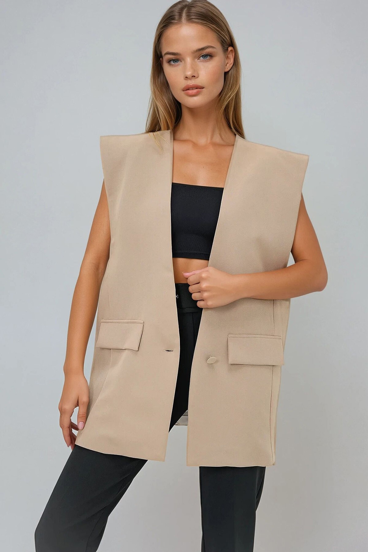 Bej Çift Yırtmaçlı Tek Düğme Oversize Dokuma Çoban Yelek