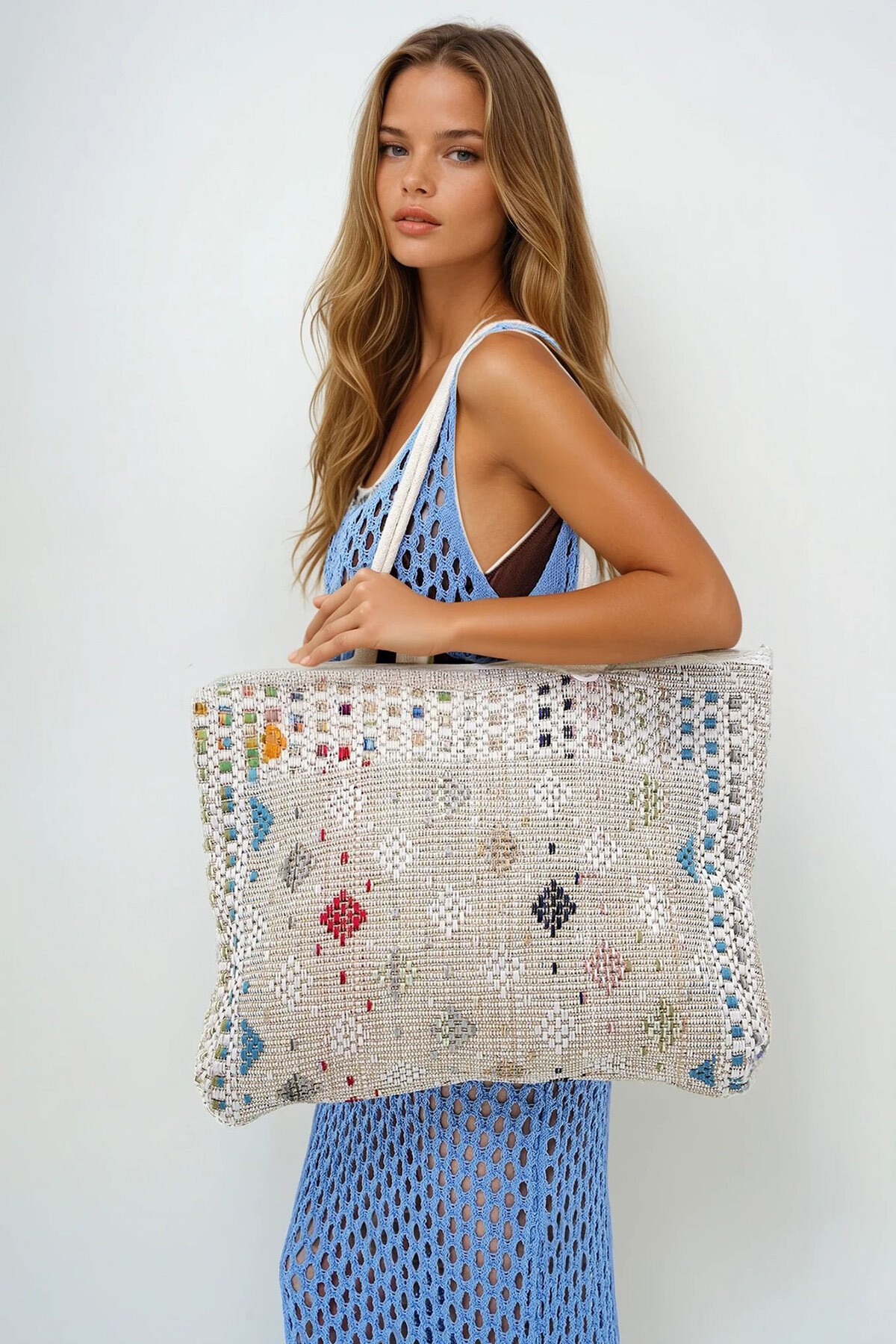 Bej Etnik Desenli Maxi Boy Dokuma Plaj Çantası