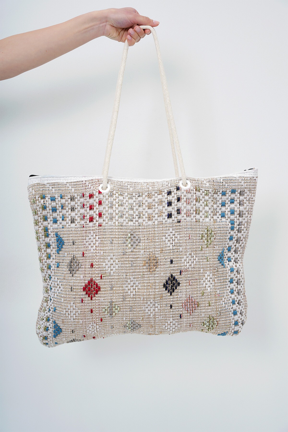 Bej Etnik Desenli Maxi Boy Dokuma Plaj Çantası