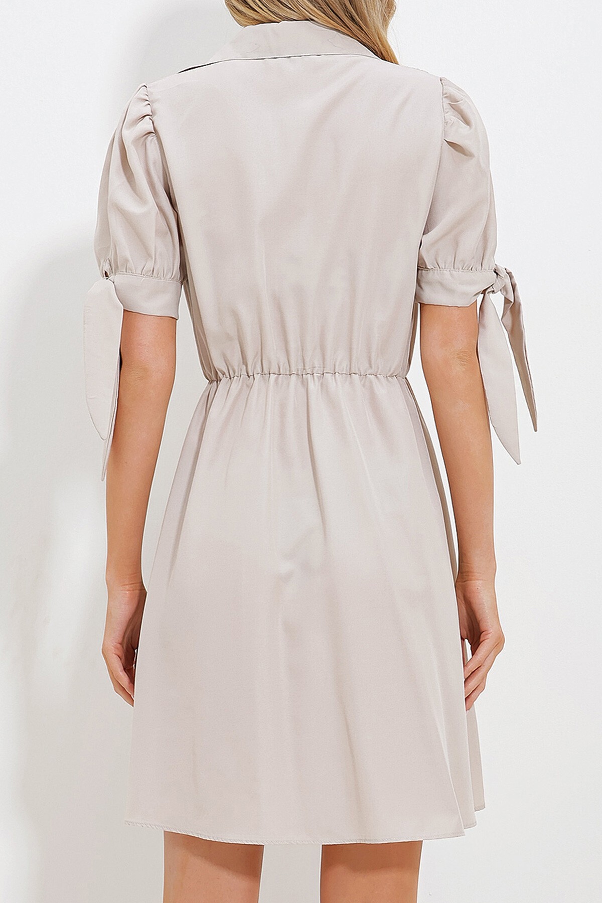 Bej Gömlek Yaka Karpuz Kollu Poplin Elbise