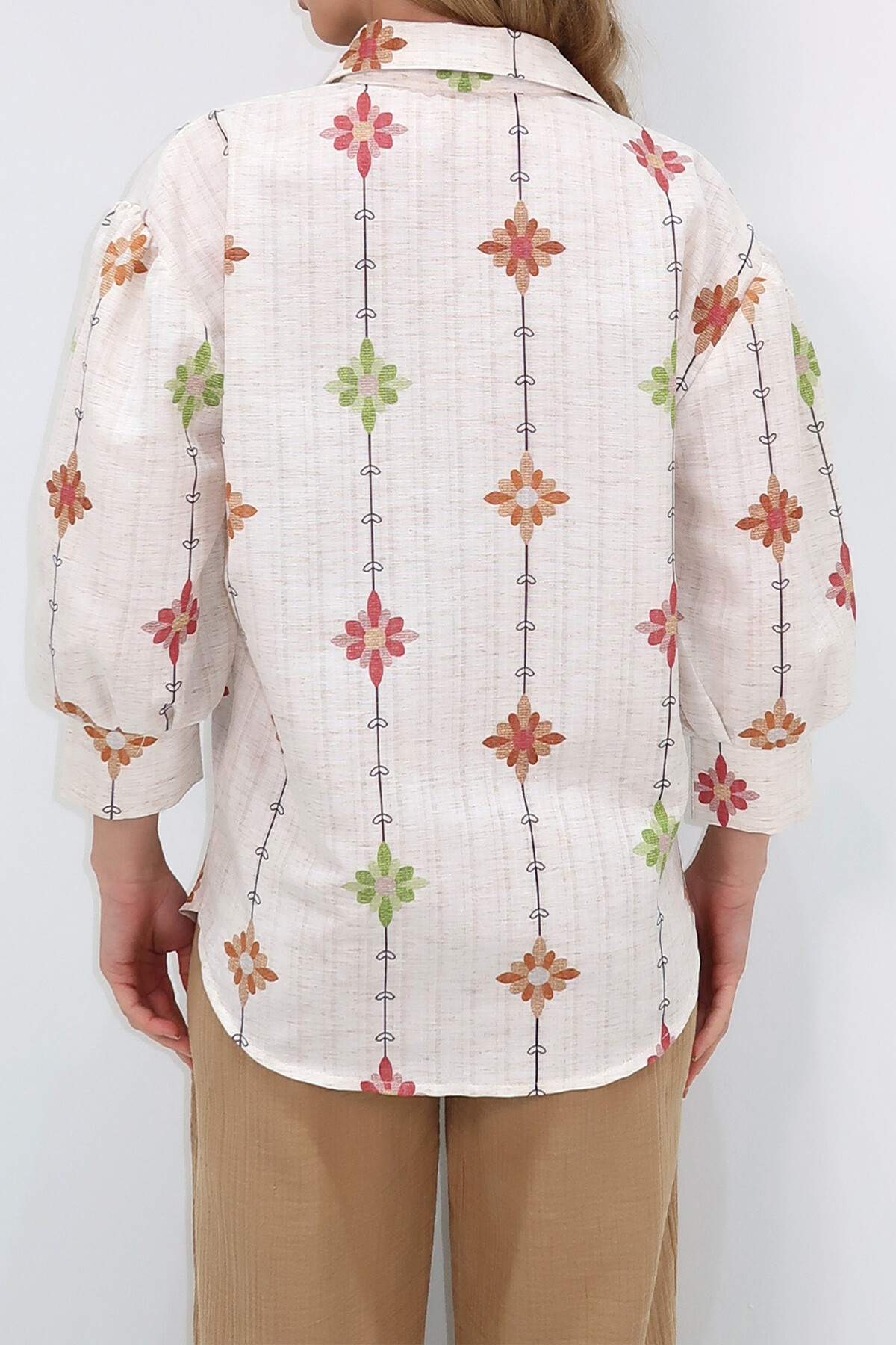 Bej Kahve Prenses Çiçek Desenli Flamlı Keten Dokuma Gömlek