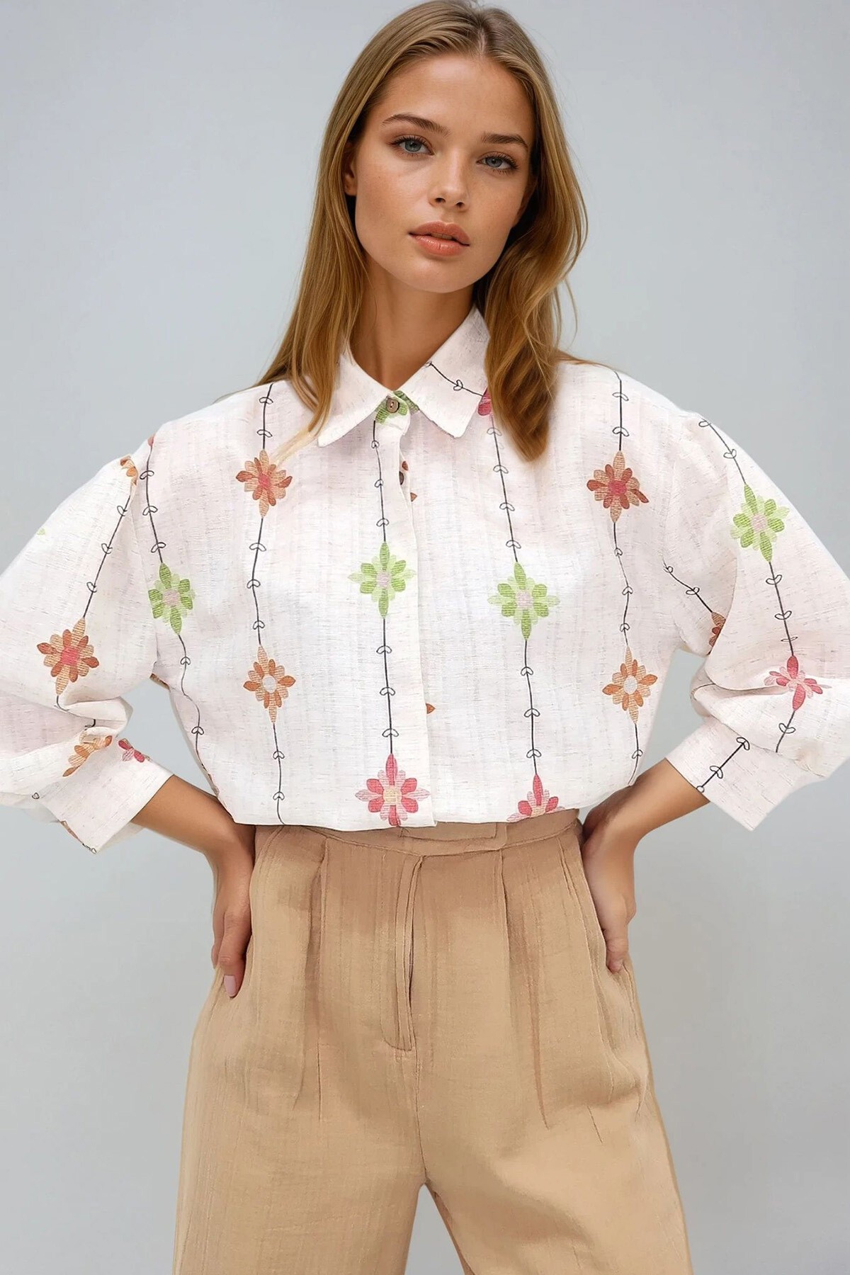 Bej Kahve Prenses Çiçek Desenli Flamlı Keten Dokuma Gömlek