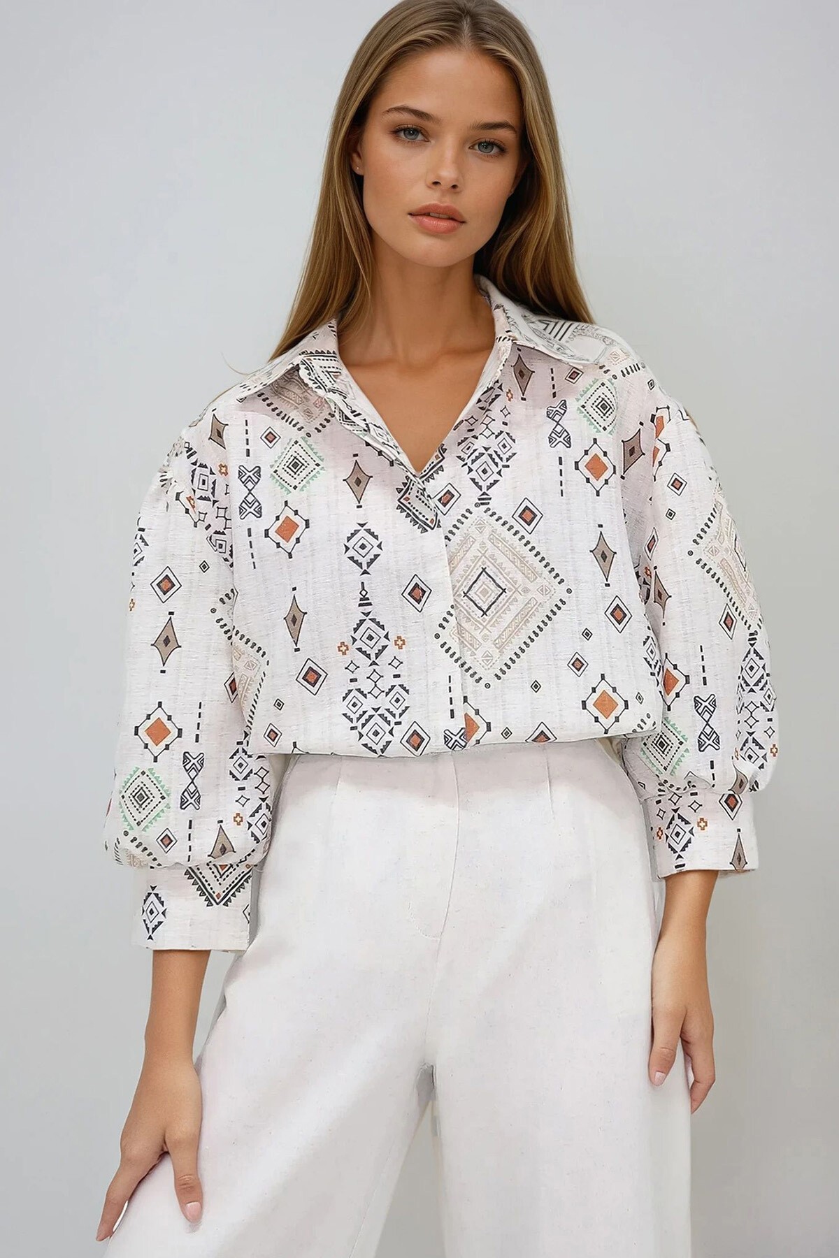 Bej Kahve Prenses Etnik Desenli Flamlı Keten Dokuma Gömlek