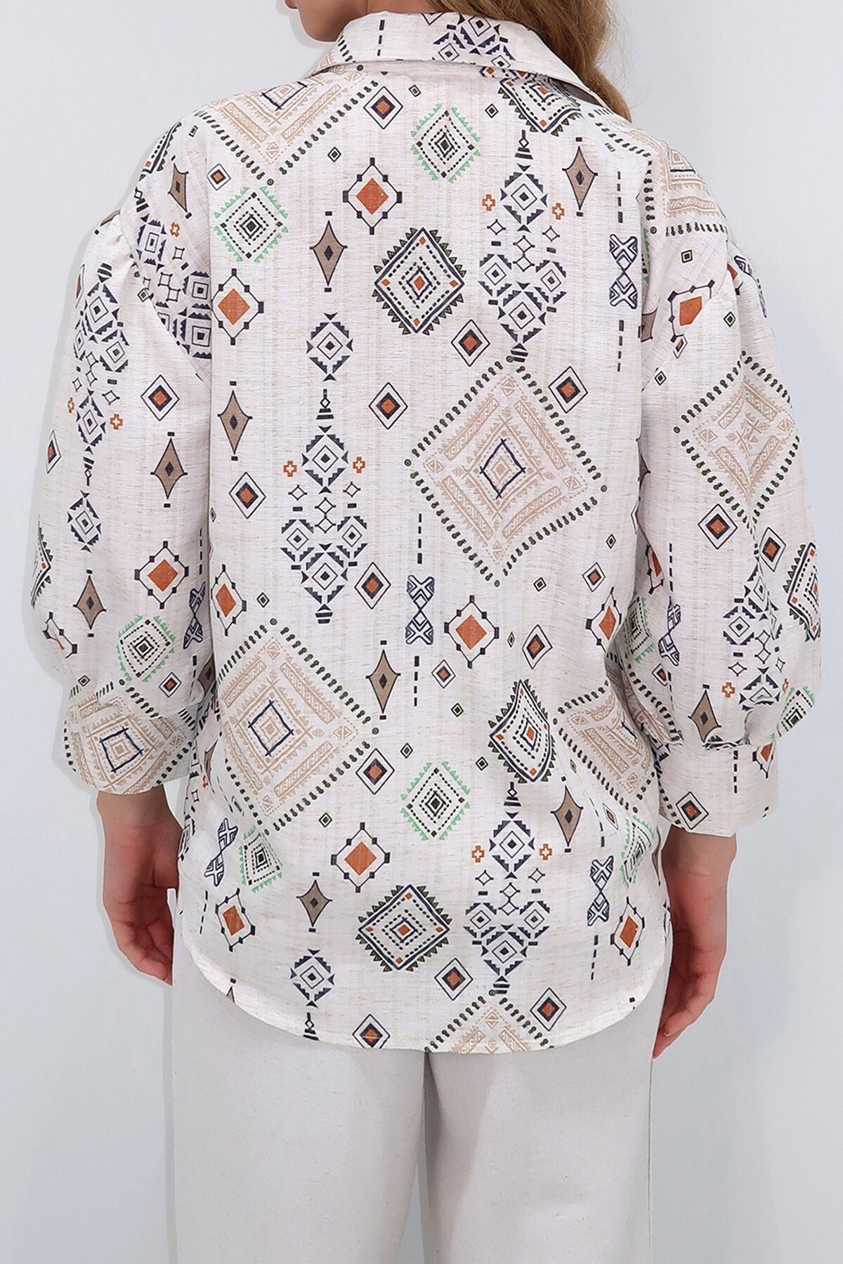 Bej Kahve Prenses Etnik Desenli Flamlı Keten Dokuma Gömlek