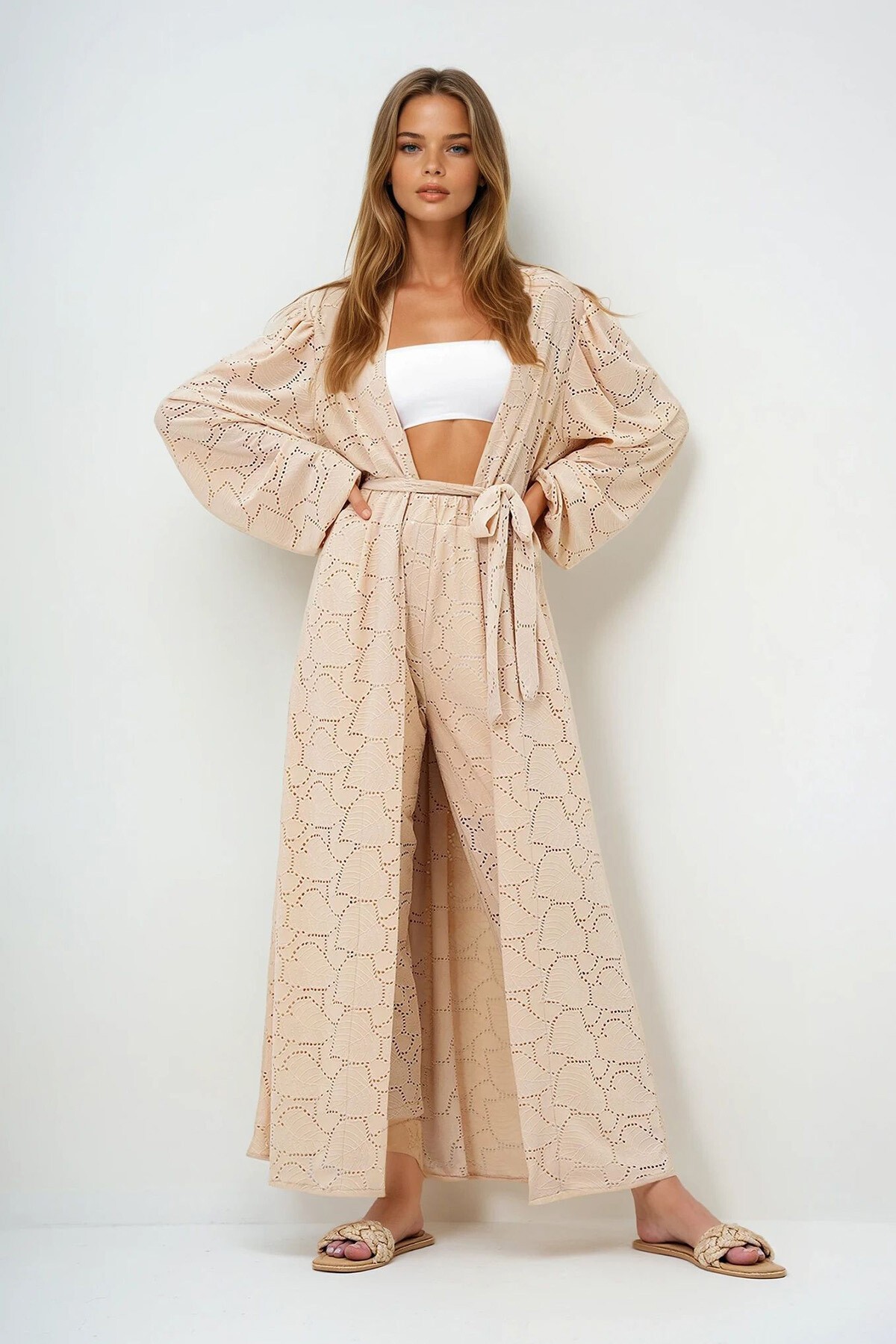 Bej Kendinden Dokulu Ajurlu Uzun Pantolonlu Kimono Takım