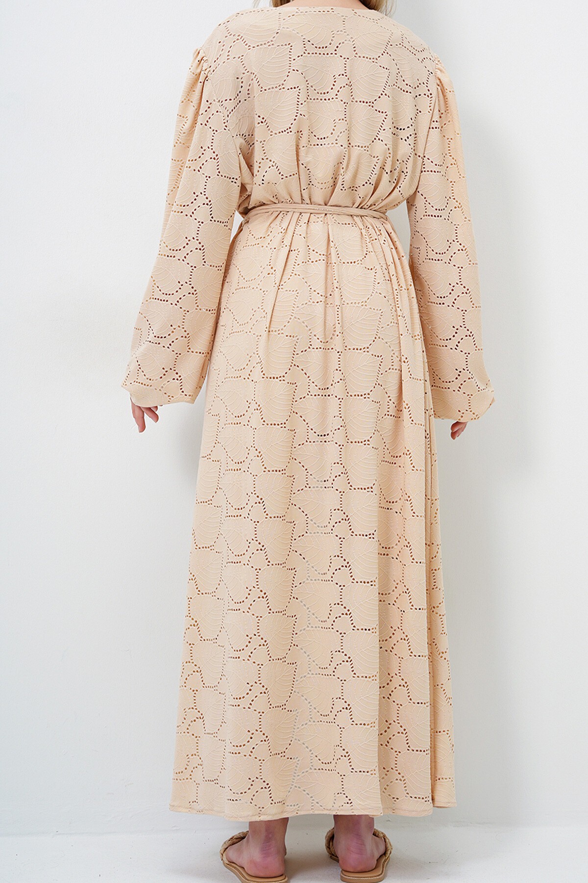 Bej Kendinden Dokulu Ajurlu Uzun Pantolonlu Kimono Takım