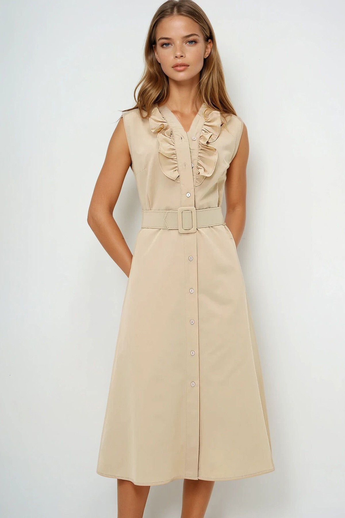 Bej Önü Fırfırlı Kemerli Poplin Dokuma Elbise