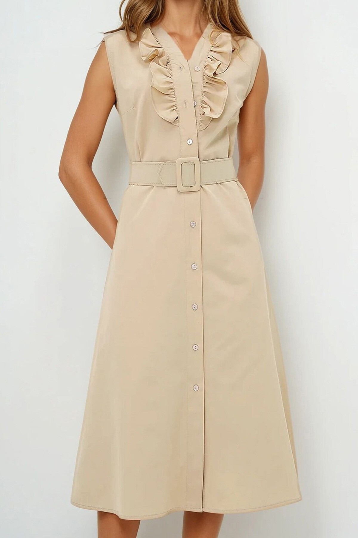 Bej Önü Fırfırlı Kemerli Poplin Dokuma Elbise