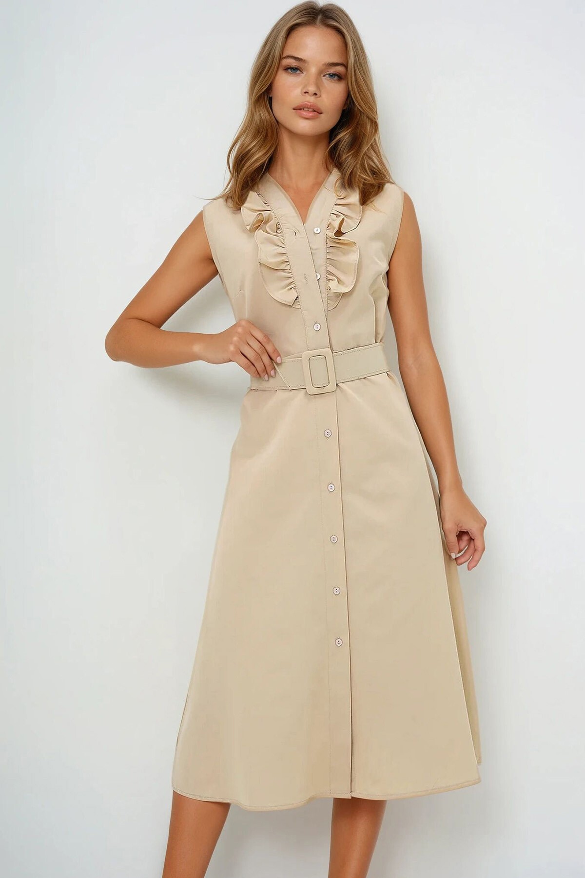 Bej Önü Fırfırlı Kemerli Poplin Dokuma Elbise