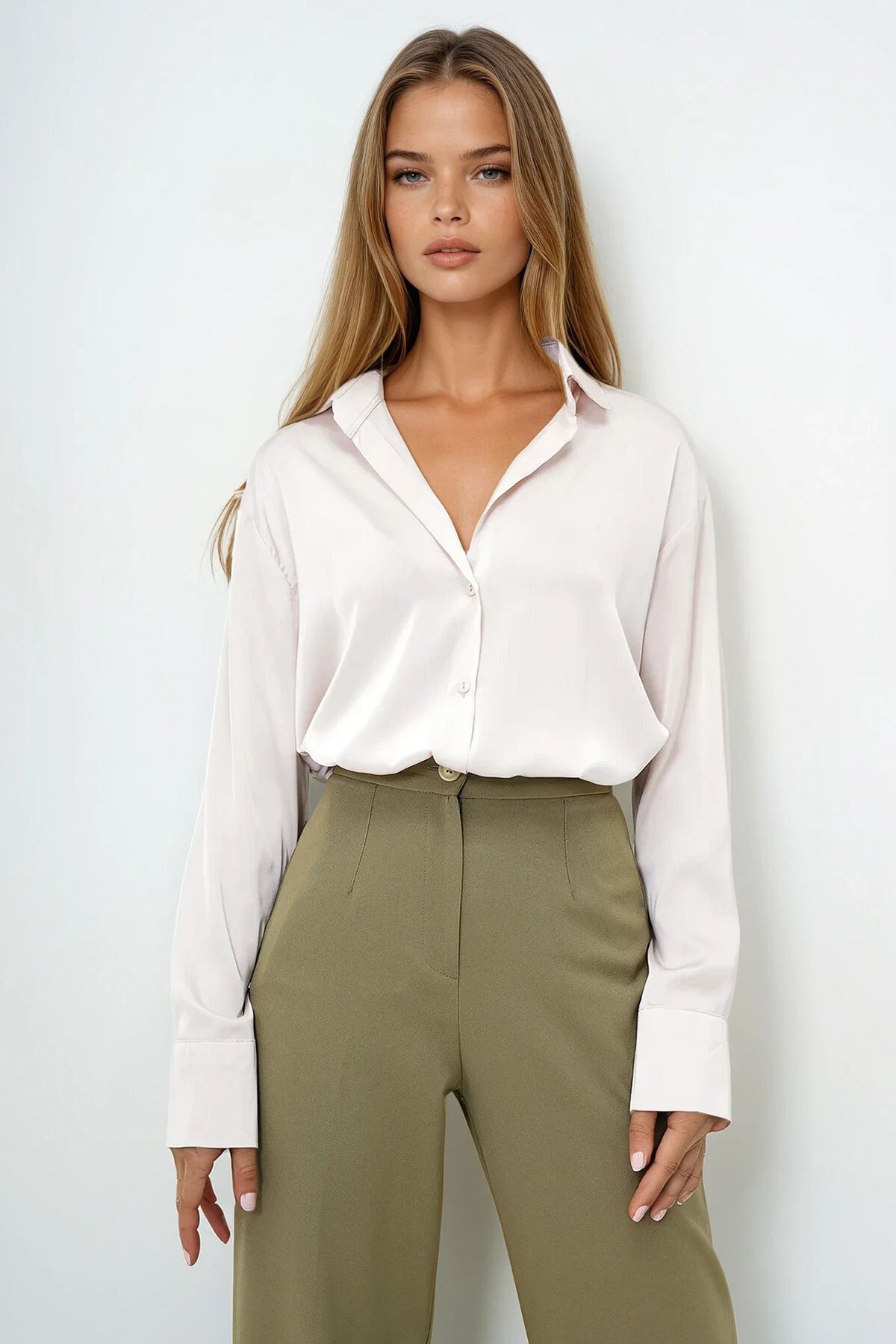 Bej Oversize İpek Saten Gömlek