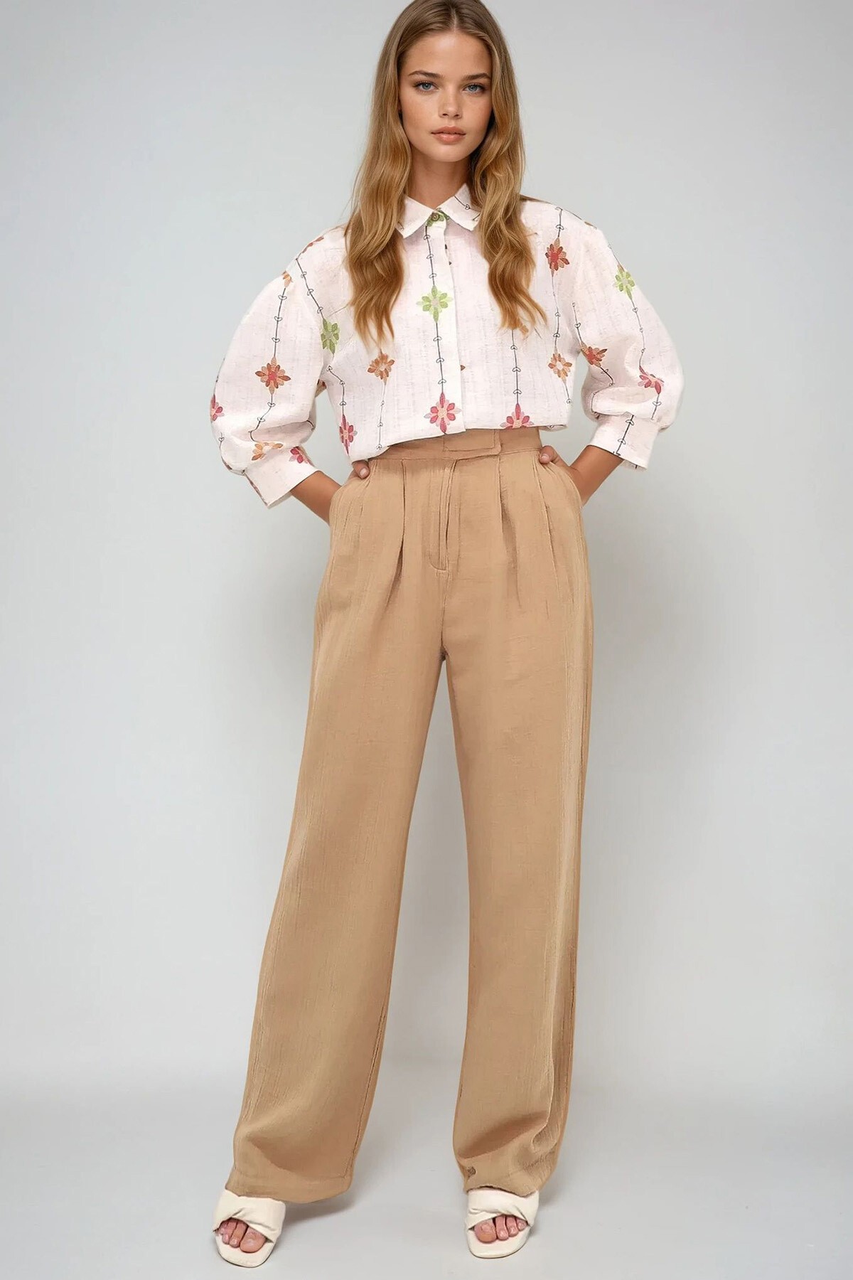 Bej Pileli Çırt Çırtlı Müslin Keten Pantolon