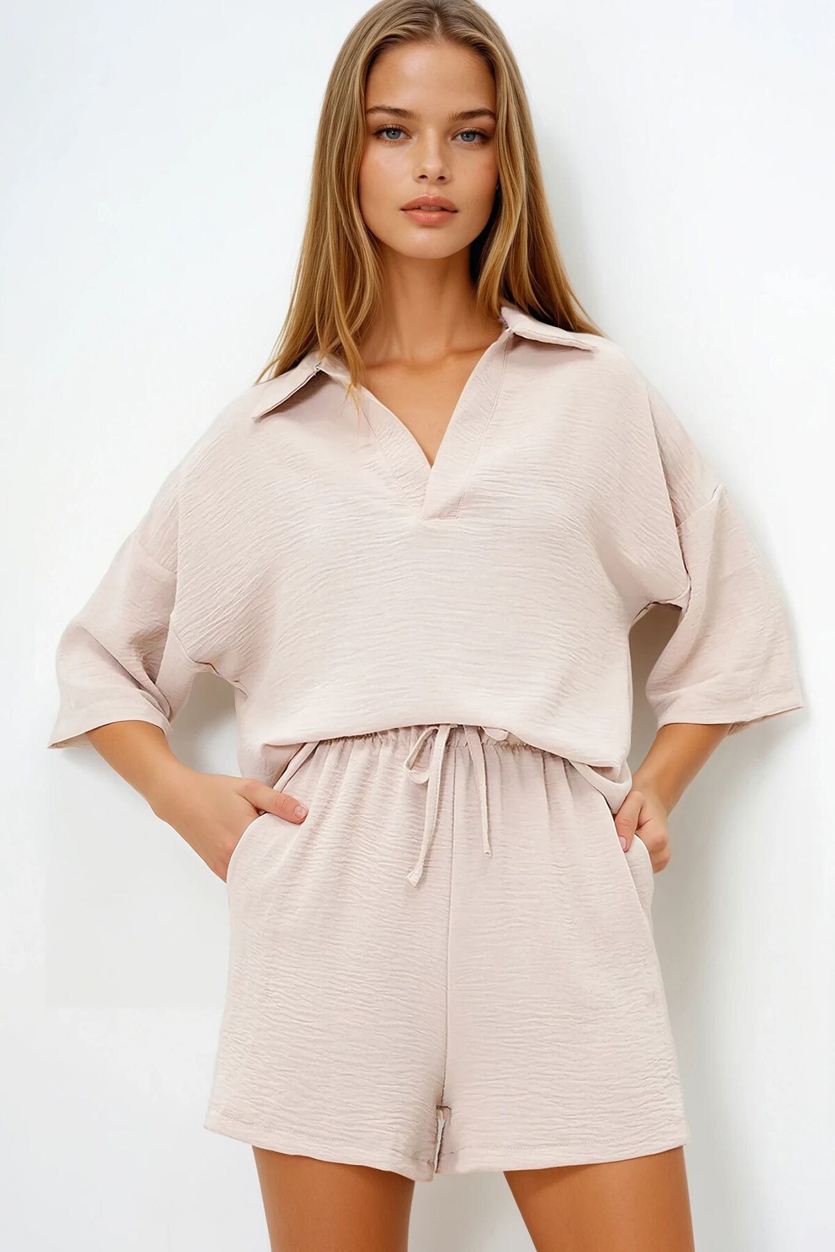 Bej Polo Yaka Aerobin Bluz Ve Şort Takım