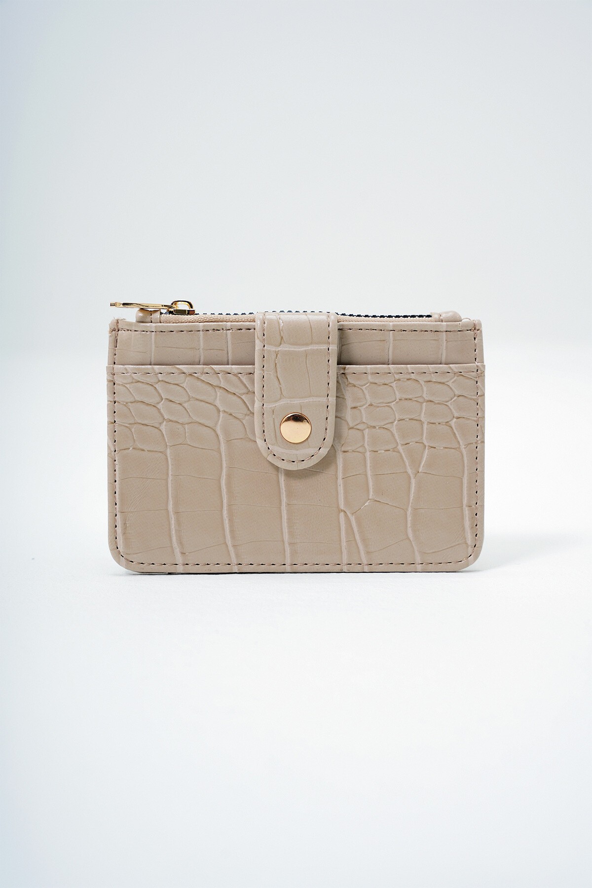 Bej Suni Deri Bozuk Para Bölmeli Croco Desen Orta Boy Kartlık