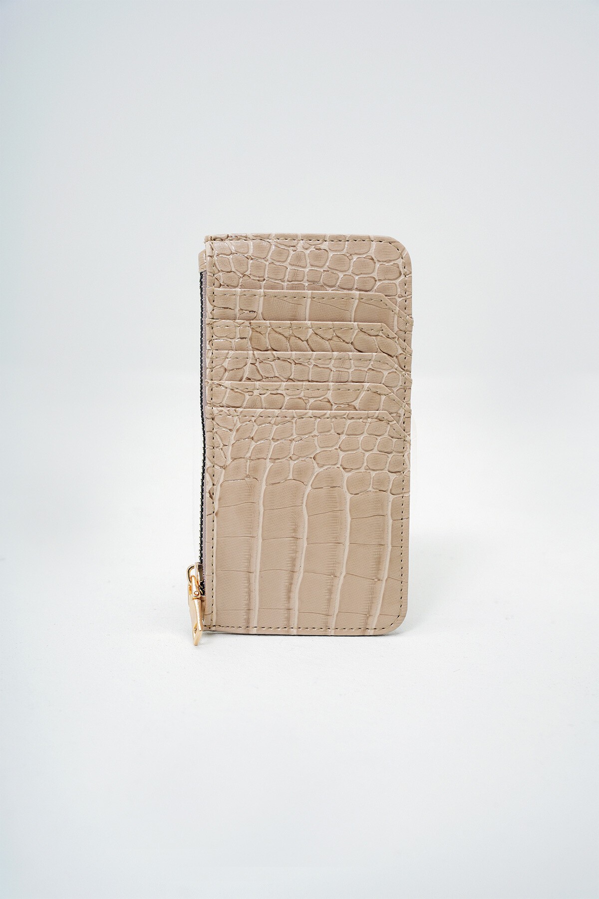 Bej Suni Deri Fermuarlı Para Bölmeli Croco Desen İnce Kartlık