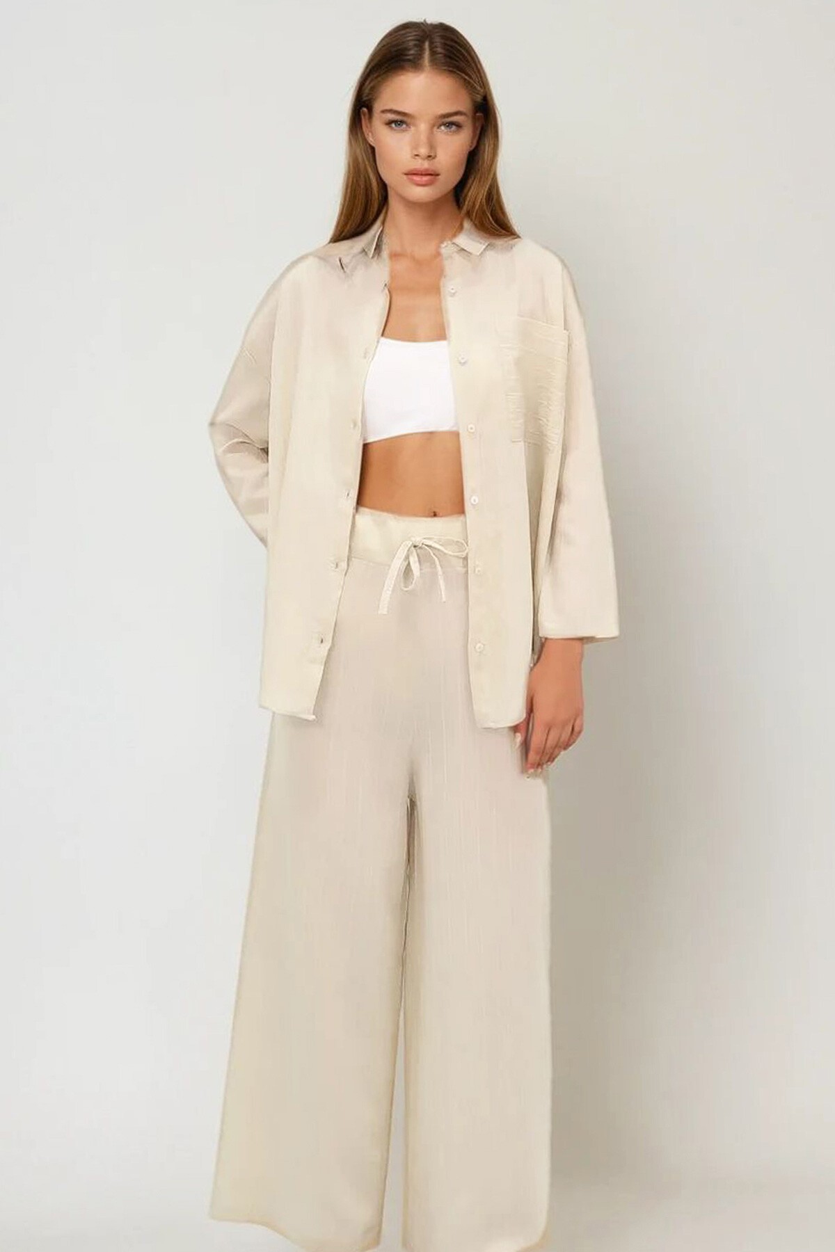 Bej Yırtık Çift Cepli Dokulu Dokuma Takım